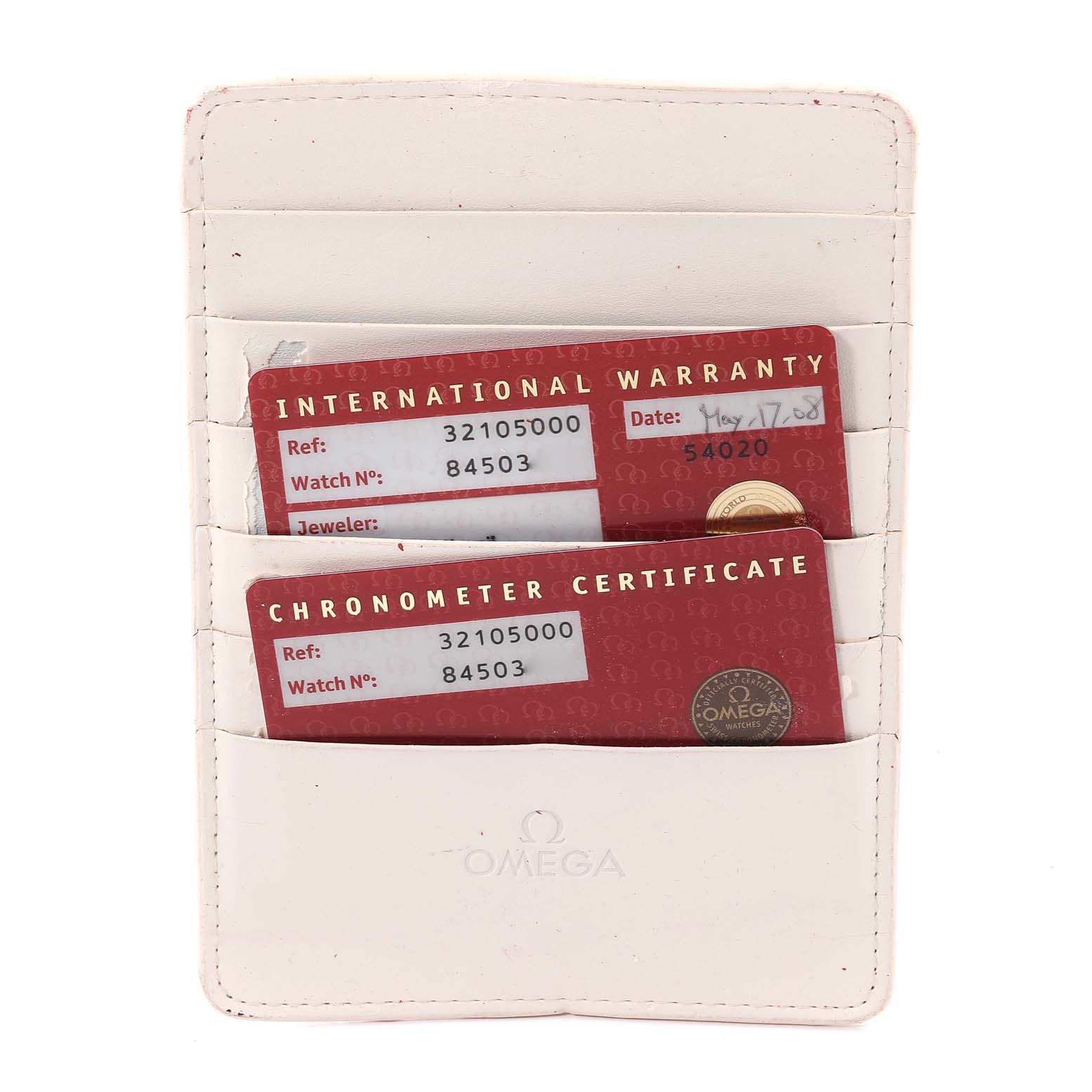 The image shows Omega Speedmaster 3210.50.00 Men
s Stainless Steel Black Dial 3210.50.00 Men
s Stainless Steel Black Dial model cards in a white cardholder with international warranty and chronometer certificates.