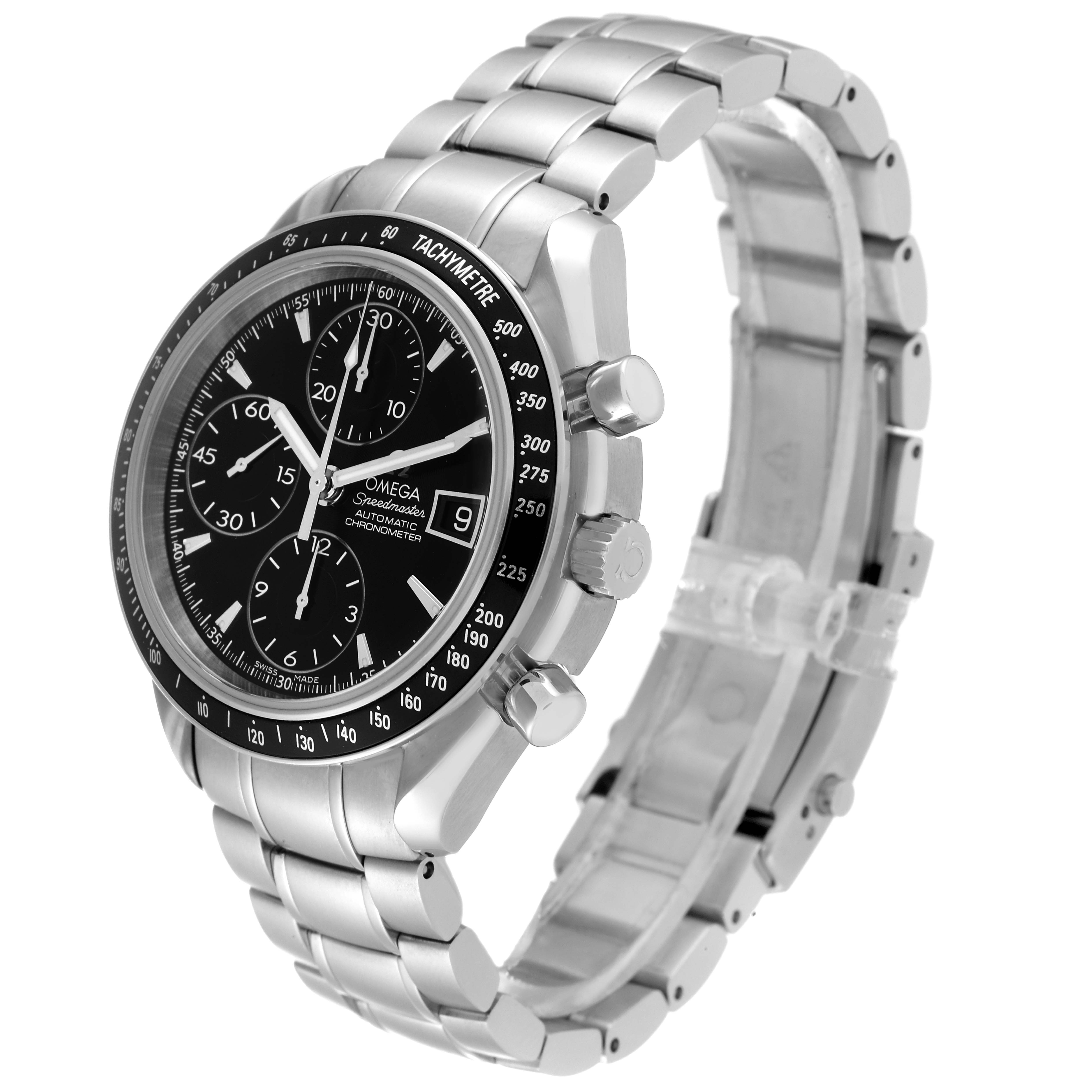 The Omega Speedmaster 3210.50.00 Men
s Stainless Steel Black Dial 3210.50.00 Men
s Stainless Steel Black Dial watch is shown at a 3/4 angle, featuring its face, chronograph dials, and metal band.