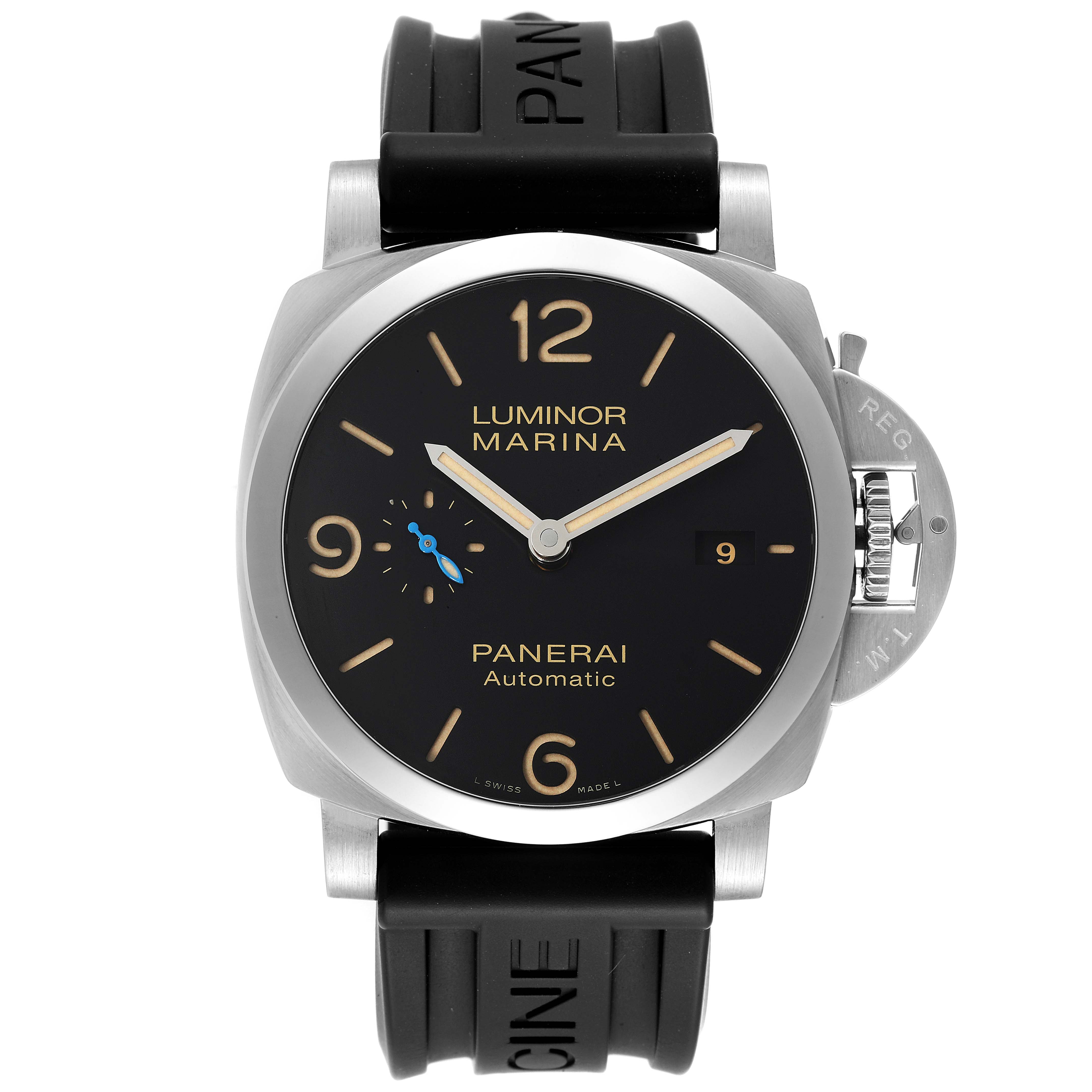 This Panerai Luminor PAM01392 Men
s Stainless Steel Black Dial PAM01392 Men
s Stainless Steel Black Dial watch is shown from the front, displaying its face, dial, crown guard, and rubber strap.