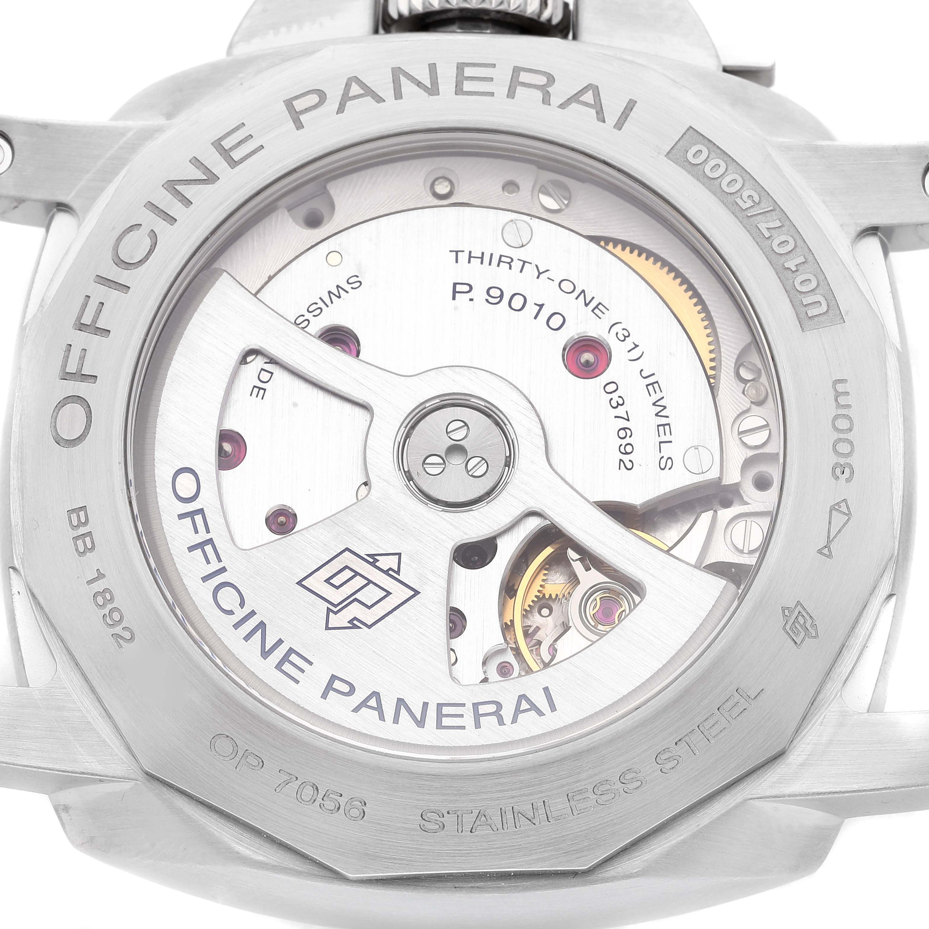 The image shows the back view of a Panerai Luminor PAM01392 Men
s Stainless Steel Black Dial PAM01392 Men
s Stainless Steel Black Dial watch, revealing the movement and engravings.