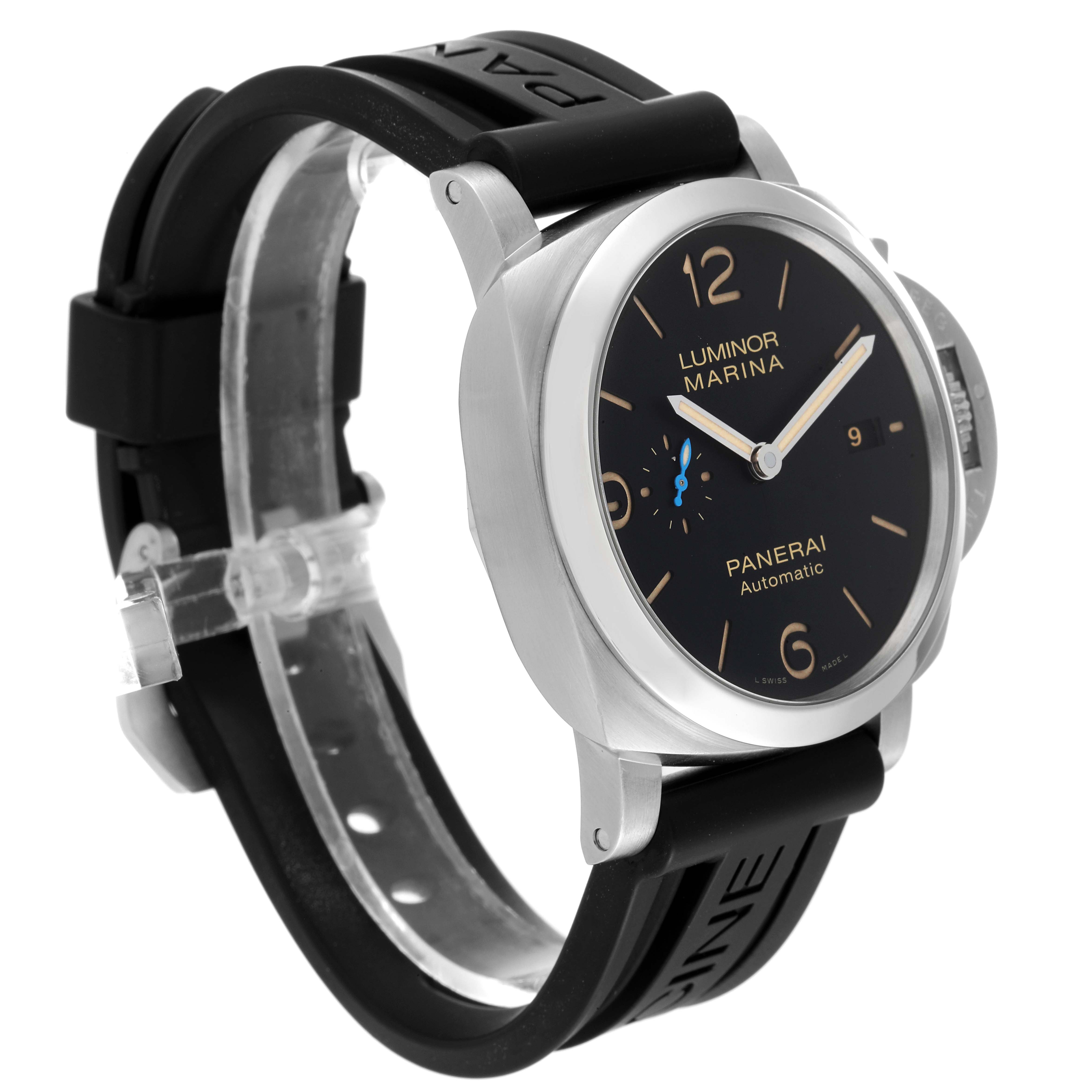 The image shows a side angle view of a Panerai Luminor PAM01392 Men
s Stainless Steel Black Dial PAM01392 Men
s Stainless Steel Black Dial Marina watch, highlighting its black dial, rubber strap, and silver casing.
