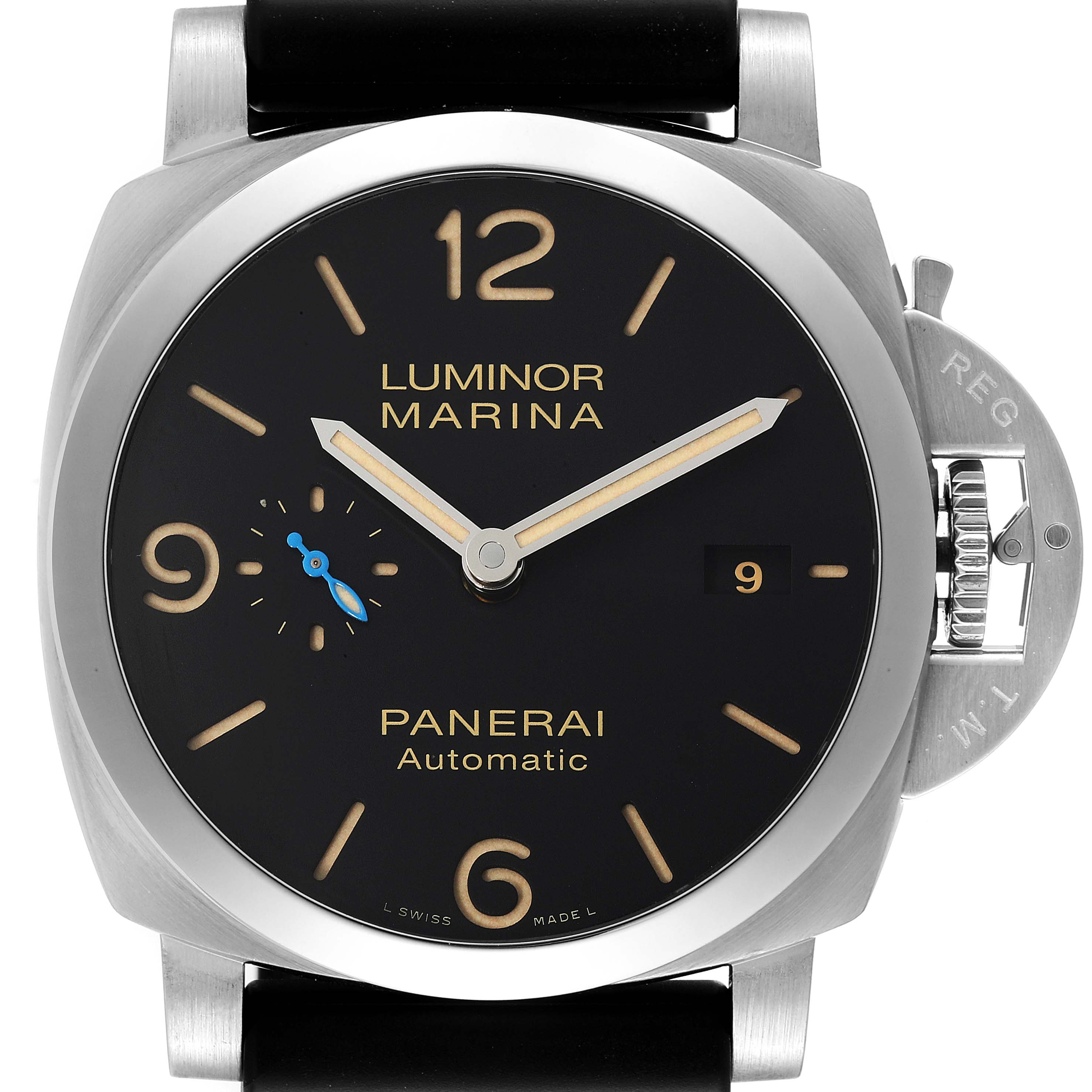 This image shows a front view of the Panerai Luminor PAM01392 Men
s Stainless Steel Black Dial PAM01392 Men
s Stainless Steel Black Dial Marina watch, featuring its dial, crown guard, and strap attachments.