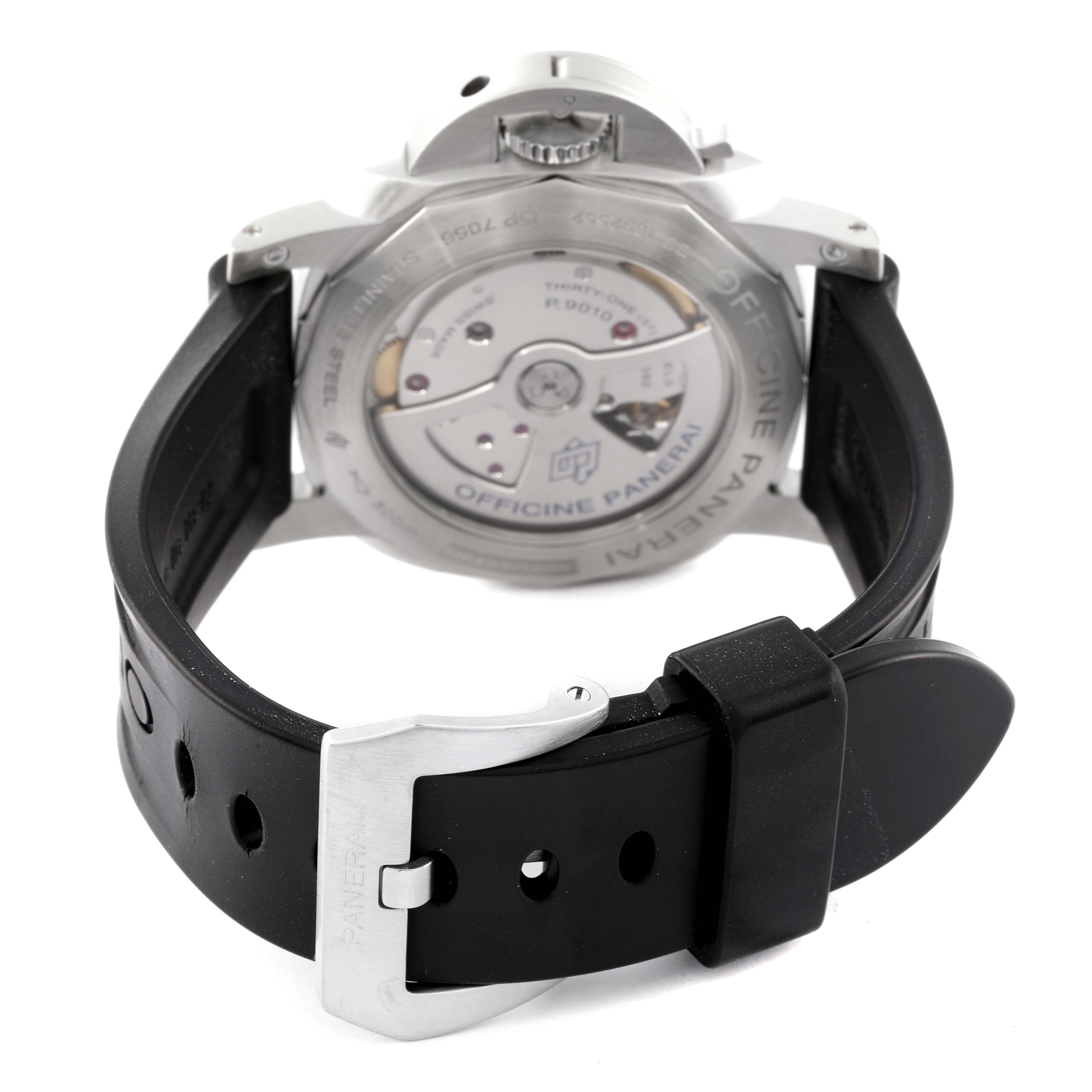 This image shows the back view of a Panerai Luminor PAM01392 Men
s Stainless Steel Black Dial PAM01392 Men
s Stainless Steel Black Dial watch, highlighting the transparent case back, movement mechanism, and black rubber strap.
