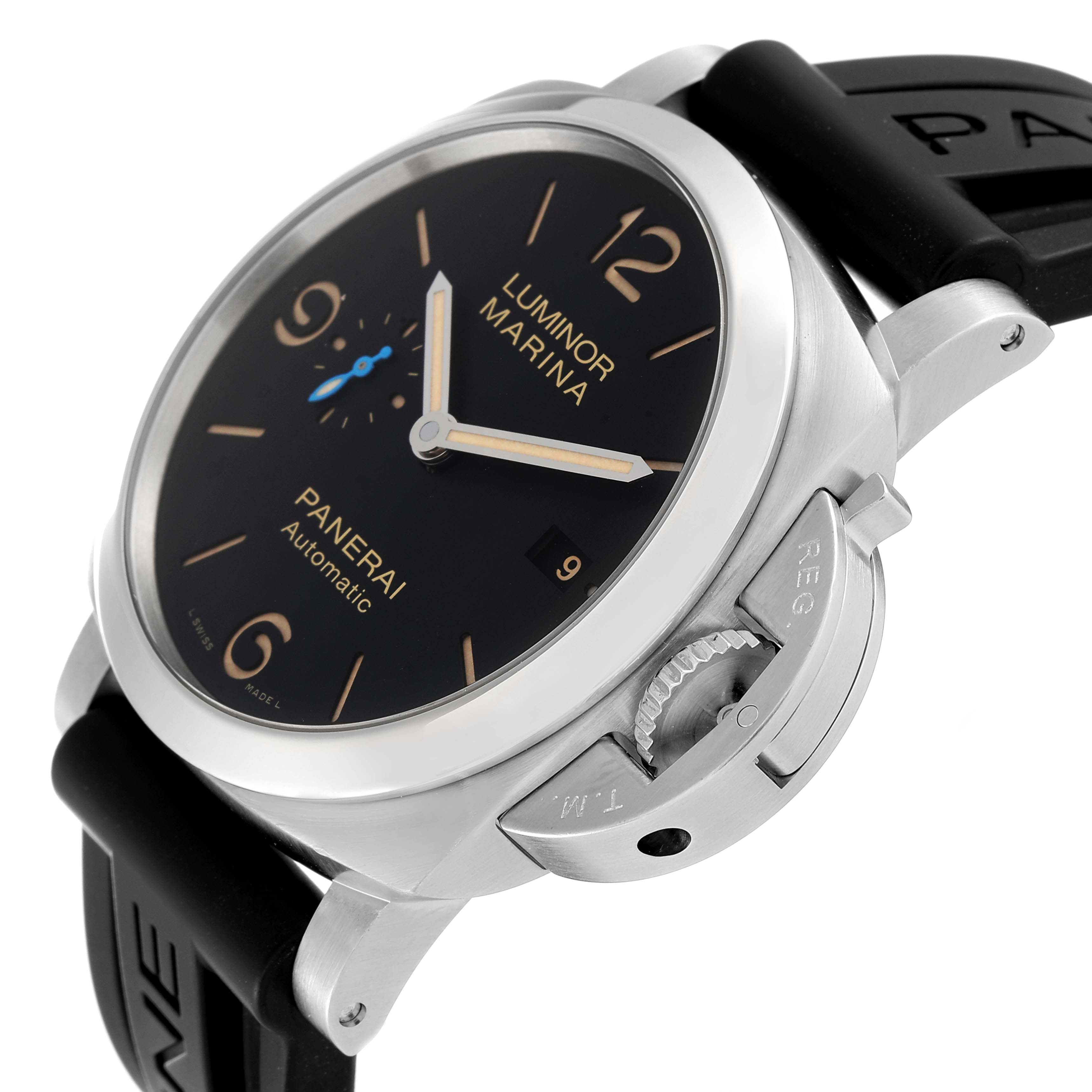 The image shows a close-up side angle of the Panerai Luminor PAM01392 Men
s Stainless Steel Black Dial PAM01392 Men
s Stainless Steel Black Dial model, highlighting its black dial, crown guard, and rubber strap.