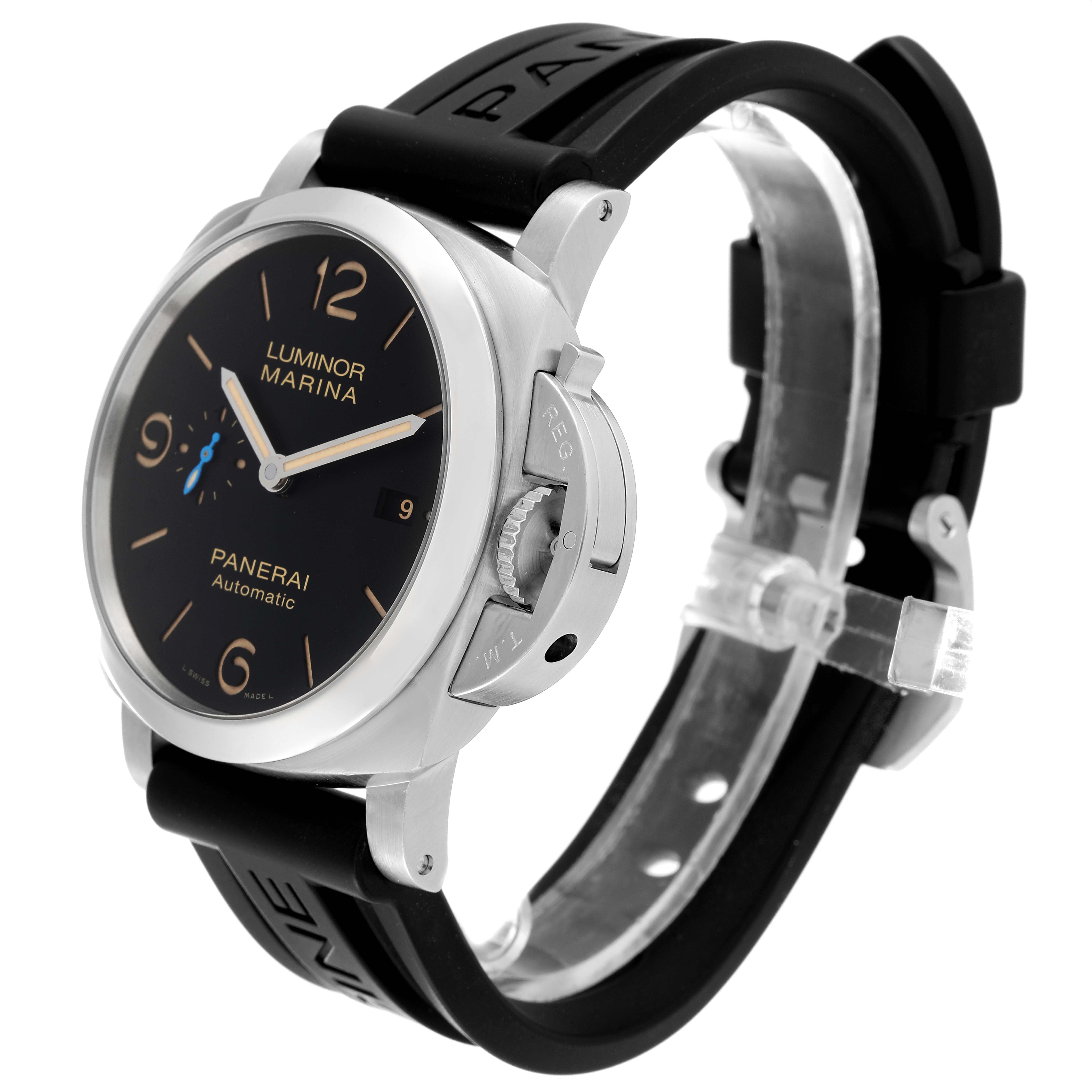 The image shows a side view of a Panerai Luminor PAM01392 Men
s Stainless Steel Black Dial PAM01392 Men
s Stainless Steel Black Dial Marina watch, highlighting its black dial, case, and black rubber strap.