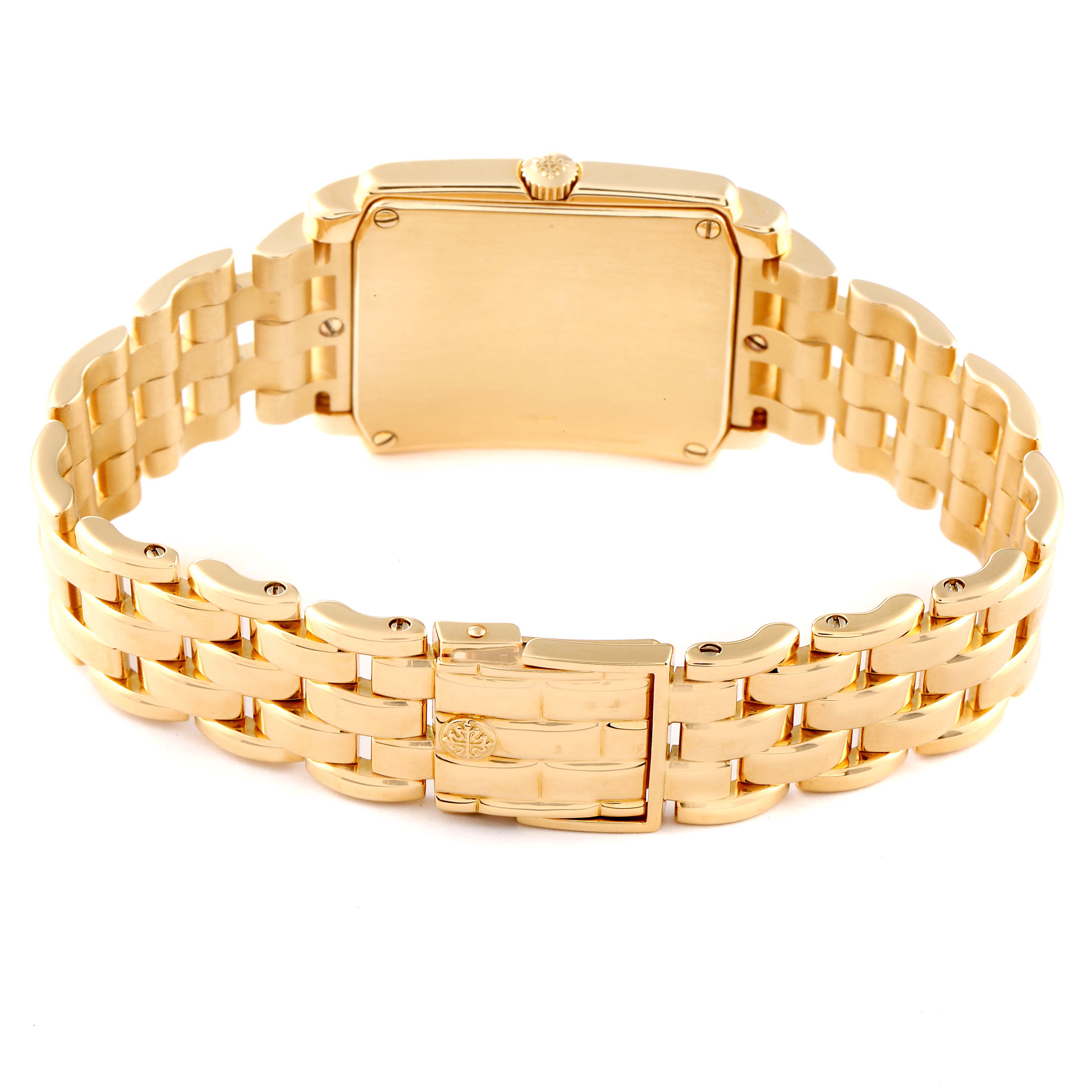 The image shows the back view of a Patek Philippe Gondolo 5025/1J Men's Yellow Gold White Dial 5025/1J Men's Yellow Gold White Dial watch, highlighting the gold bracelet and clasp.