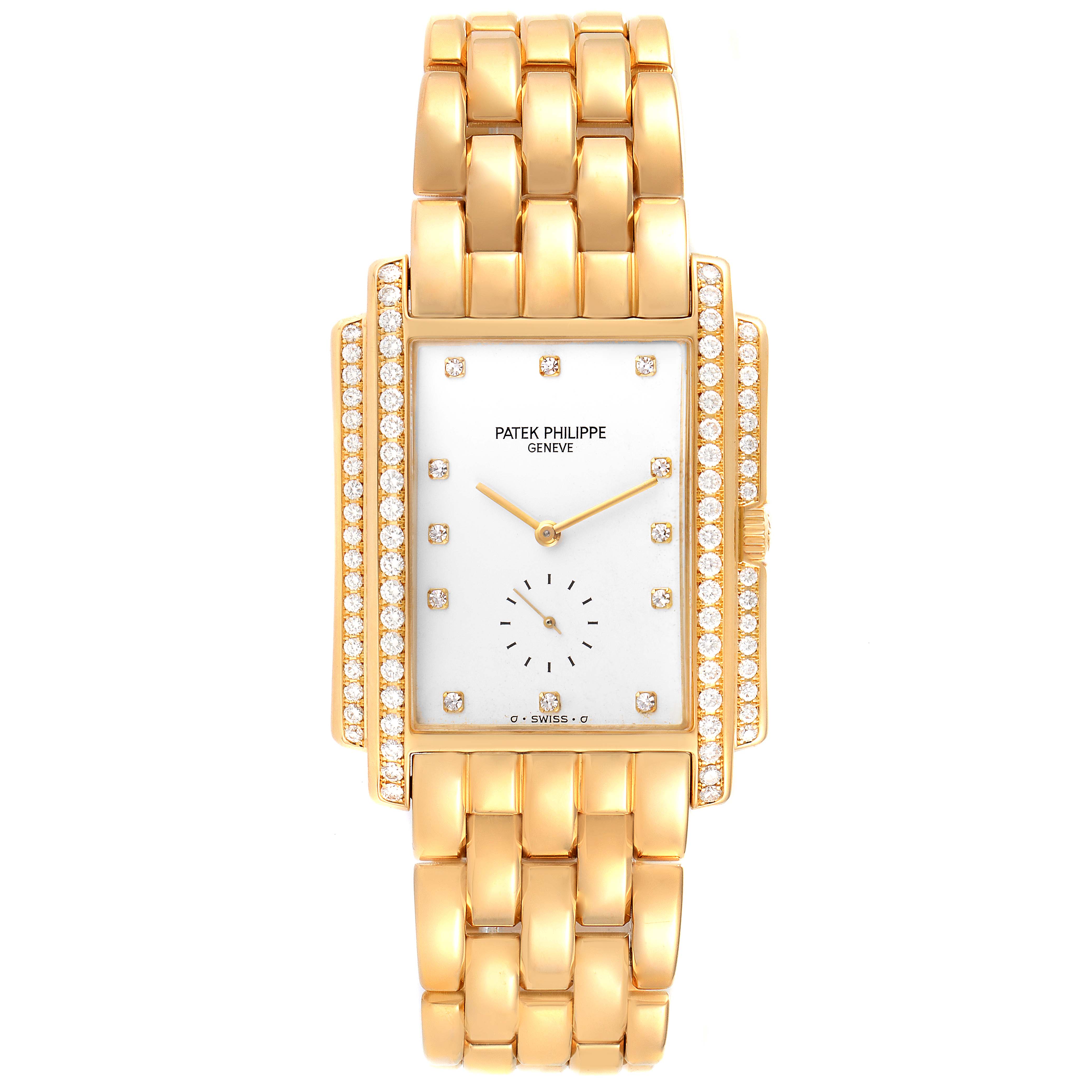 The image shows a frontal view of the Patek Philippe Gondolo 5025/1J Men's Yellow Gold White Dial 5025/1J Men's Yellow Gold White Dial watch, displaying its face, bezel, and gold bracelet.