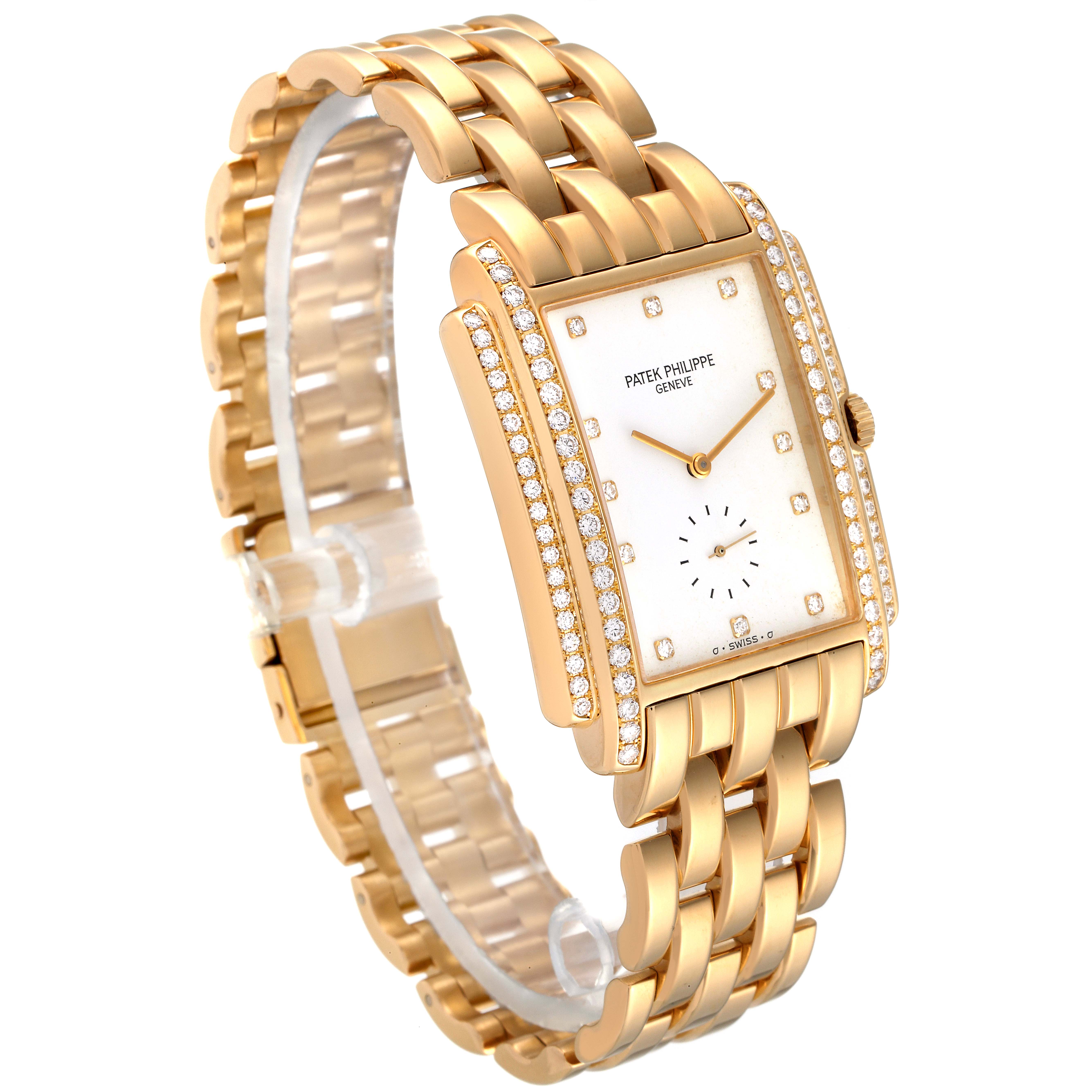 The image shows a side angle view of the Patek Philippe Gondolo 5025/1J Men's Yellow Gold White Dial 5025/1J Men's Yellow Gold White Dial model watch, displaying its gold case, diamond accents, and bracelet.