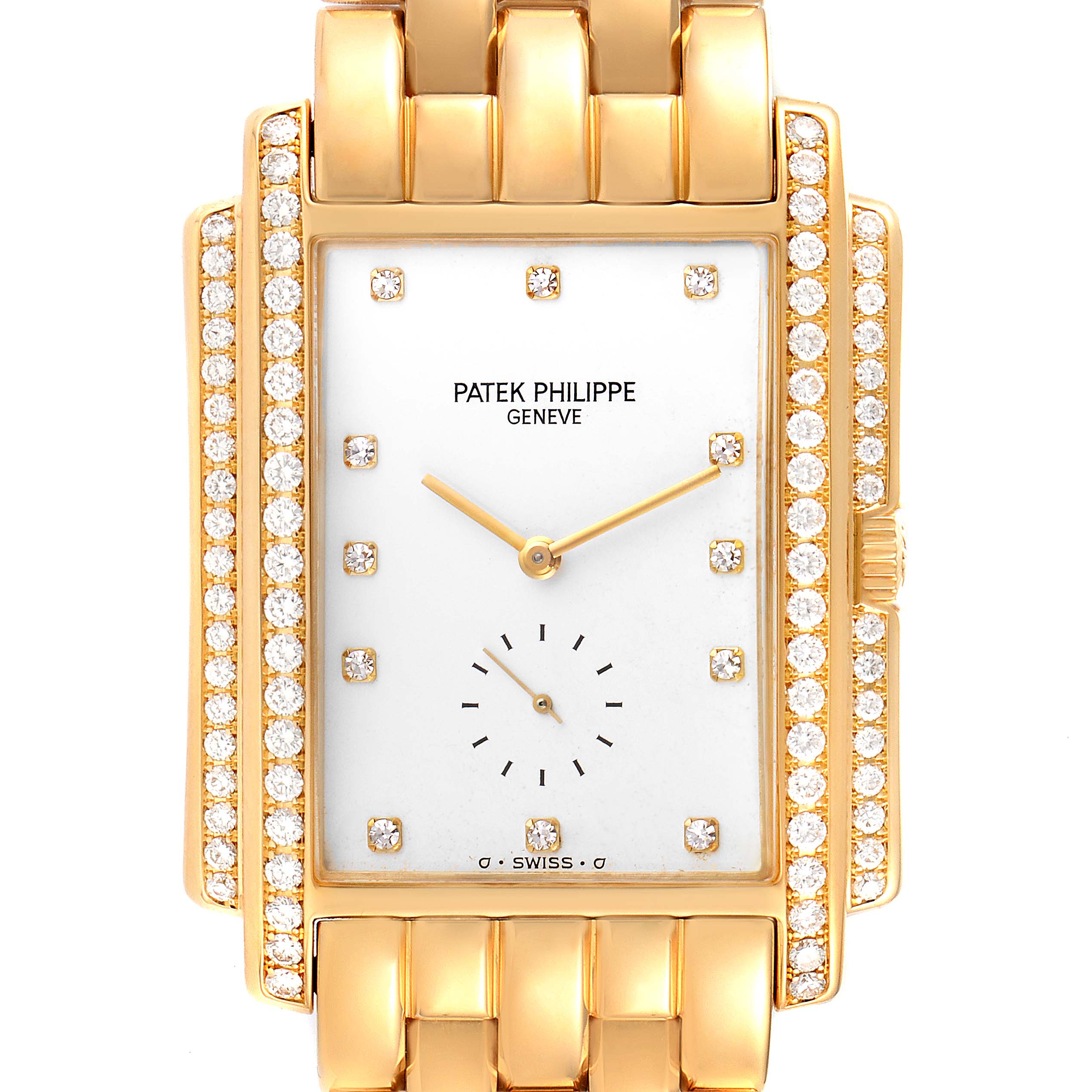 This image shows a front view of the Patek Philippe Gondolo 5025/1J Men's Yellow Gold White Dial 5025/1J Men's Yellow Gold White Dial watch, highlighting its rectangular face, diamond bezel, and gold bracelet.