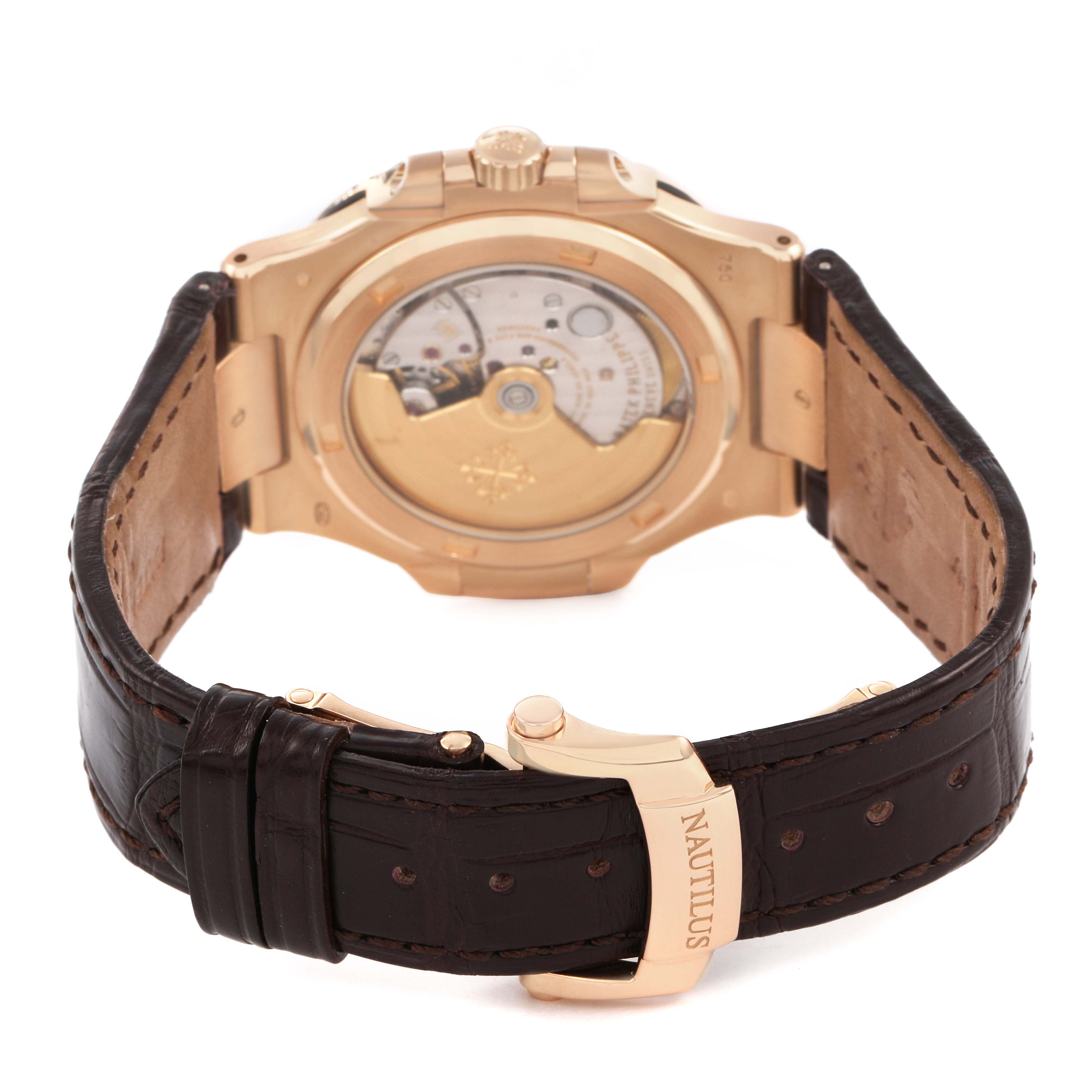 The image shows the back view of a Patek Philippe Nautilus 5711R-001 Men's Rose Gold Grey Dial, highlighting its open case back and leather strap.