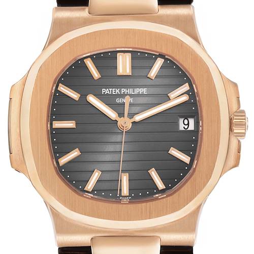 The image shows a front view of the Patek Philippe Nautilus 5711R-001 Men's Rose Gold Grey Dial, highlighting the dial, hands, date feature, and bezel.
