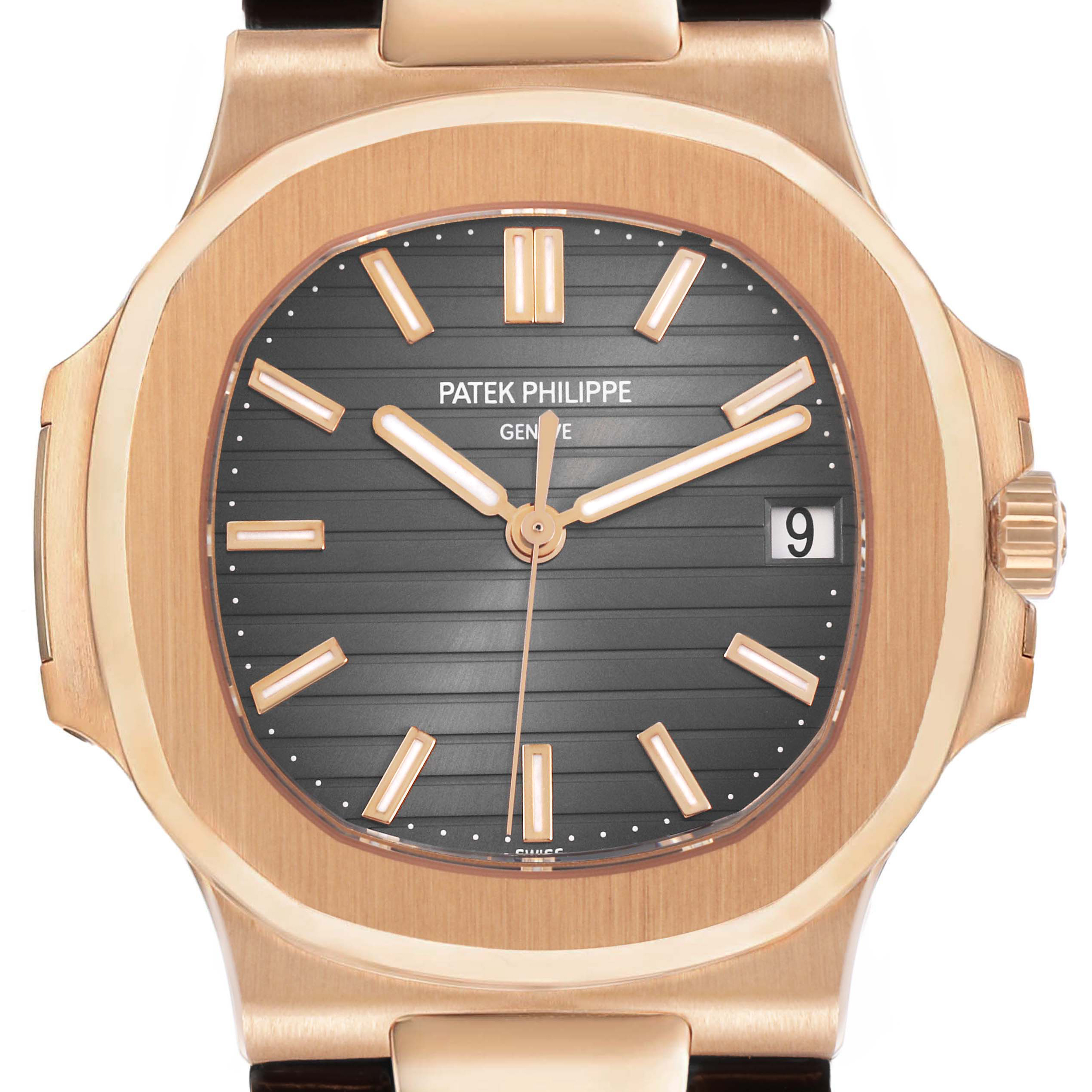 The image shows a front view of the Patek Philippe Nautilus 5711R-001 Men's Rose Gold Grey Dial watch, displaying its dial, hands, date window, and bezel.