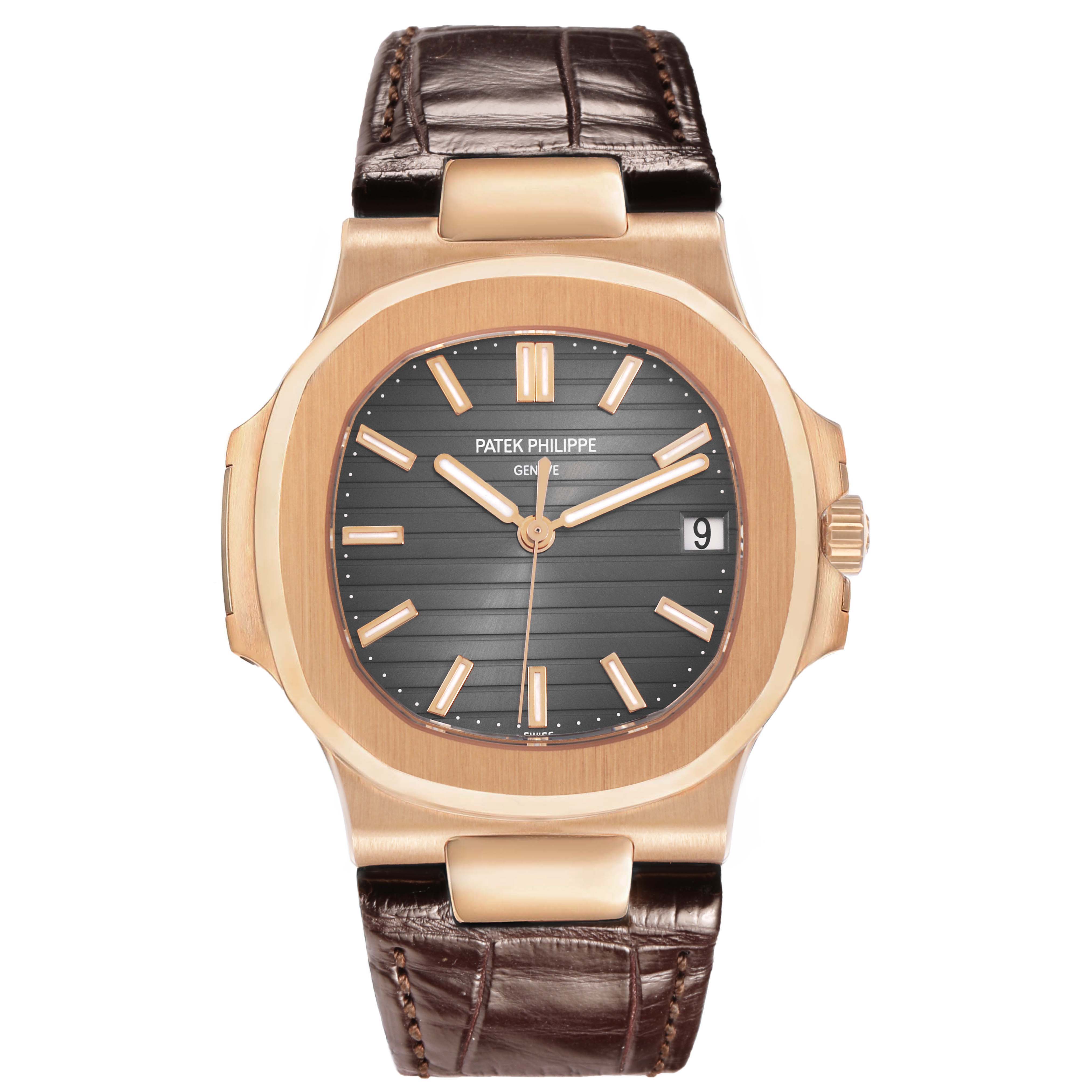 The image shows a front view of a Patek Philippe Nautilus 5711R-001 Men's Rose Gold Grey Dial watch, highlighting the dial, bezel, and leather strap.