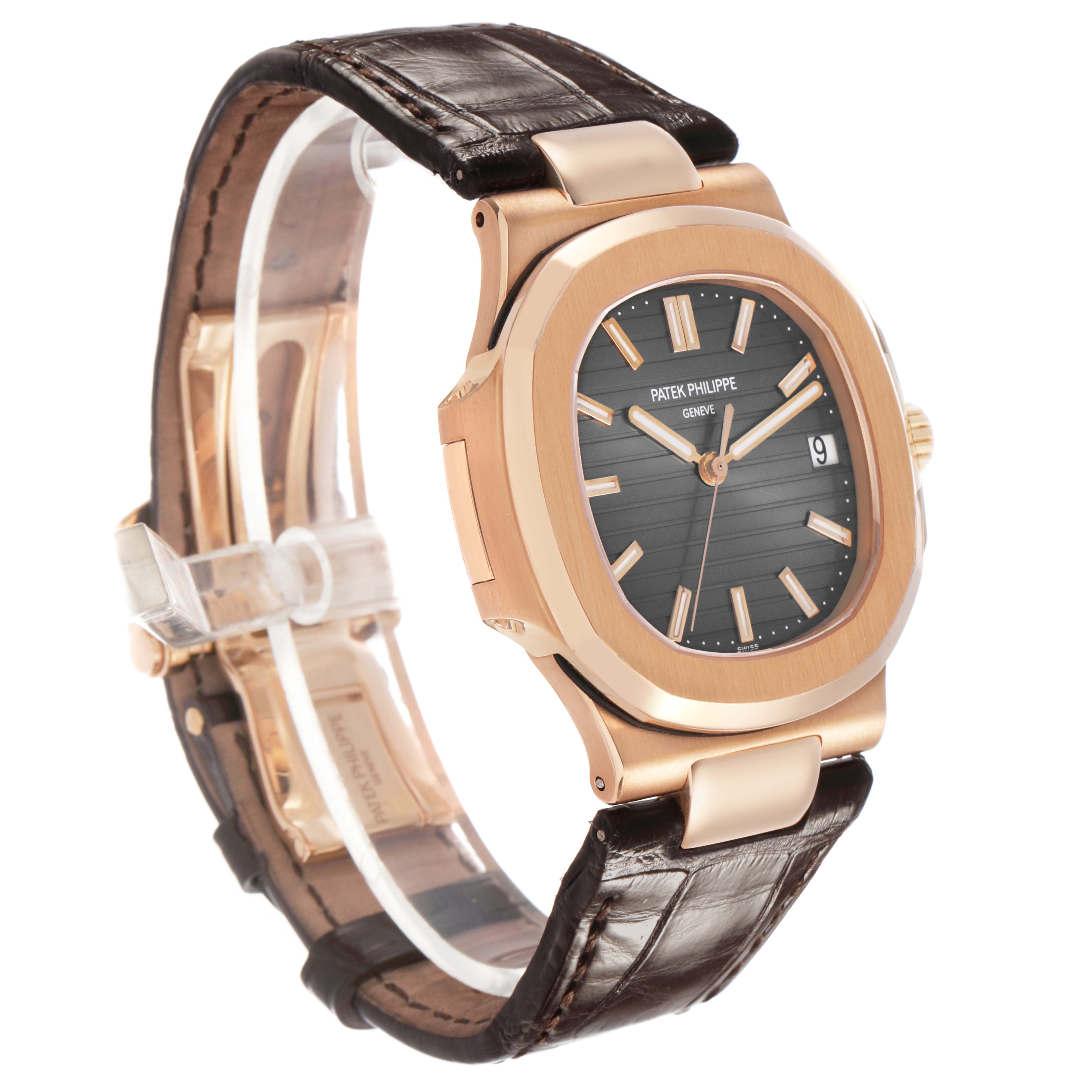 The Patek Philippe Nautilus 5711R-001 Men's Rose Gold Grey Dial watch is shown at a three-quarter angle, highlighting the face, bezel, casing, and strap.
