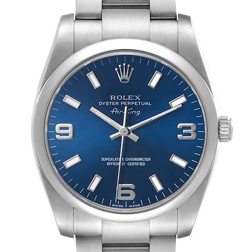 The Rolex Air-King 114200 Men's Stainless Steel Blue Dial watch is shown from a front angle, highlighting its blue dial, hour markers, and steel bracelet.