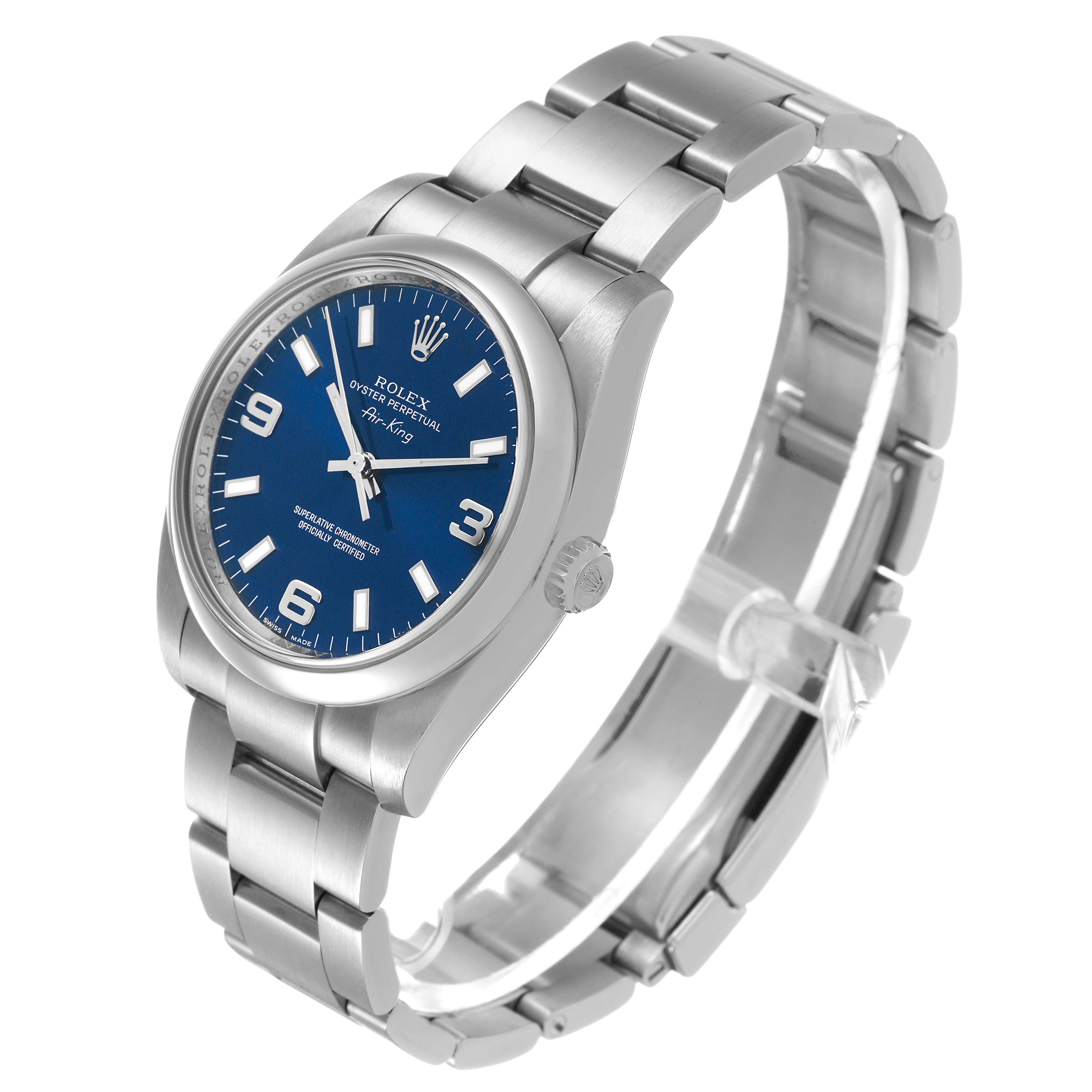 The Rolex Air-King 114200 Men's Stainless Steel Blue Dial watch is shown at a three-quarter angle, highlighting the face, bezel, crown, and bracelet.