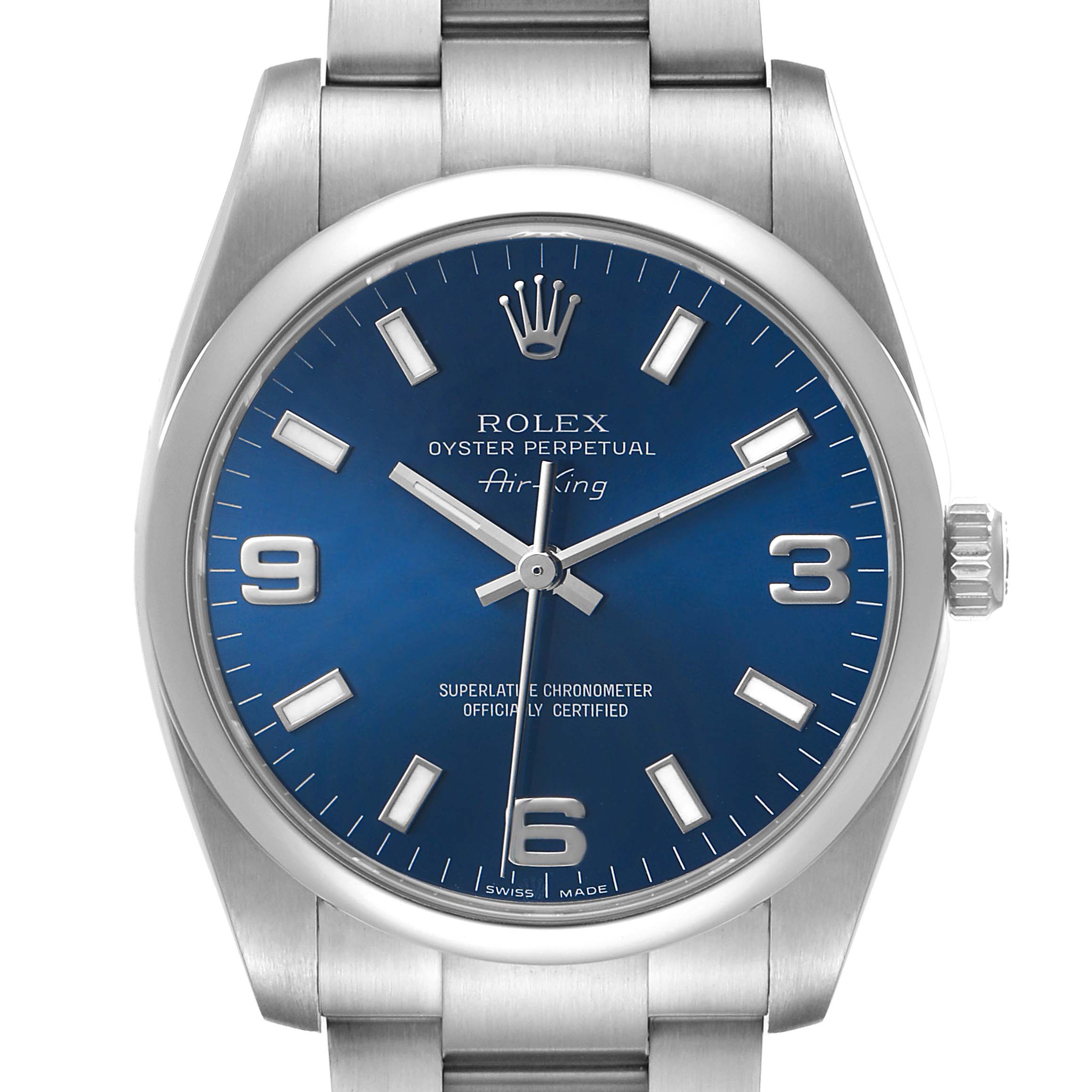 The image shows a front view of a Rolex Air-King 114200 Men's Stainless Steel Blue Dial watch, highlighting its blue dial, hour markers, and stainless steel bracelet.