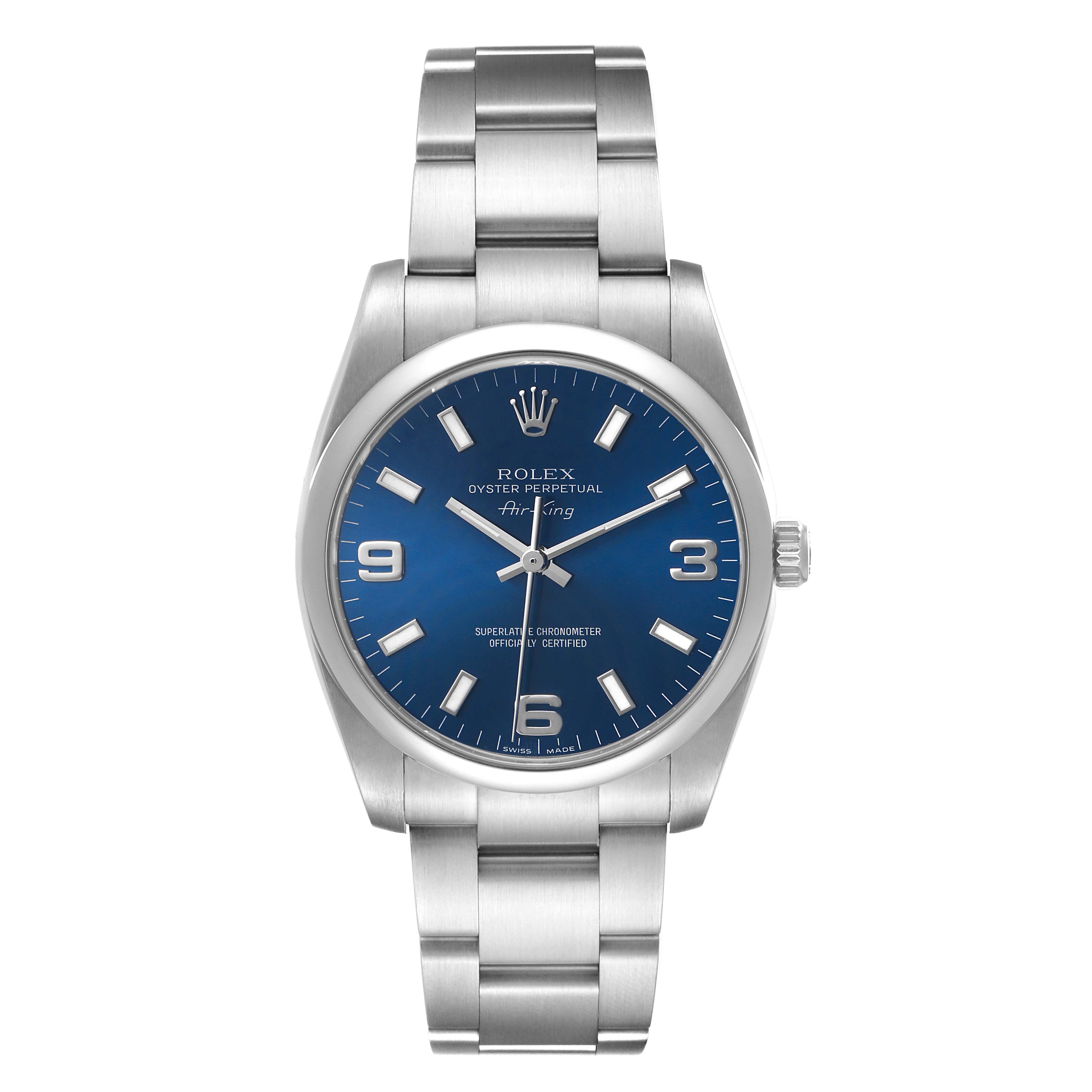 The Rolex Air-King 114200 Men's Stainless Steel Blue Dial watch is shown from the front, displaying its blue dial, hour markers, crown, and stainless steel bracelet.