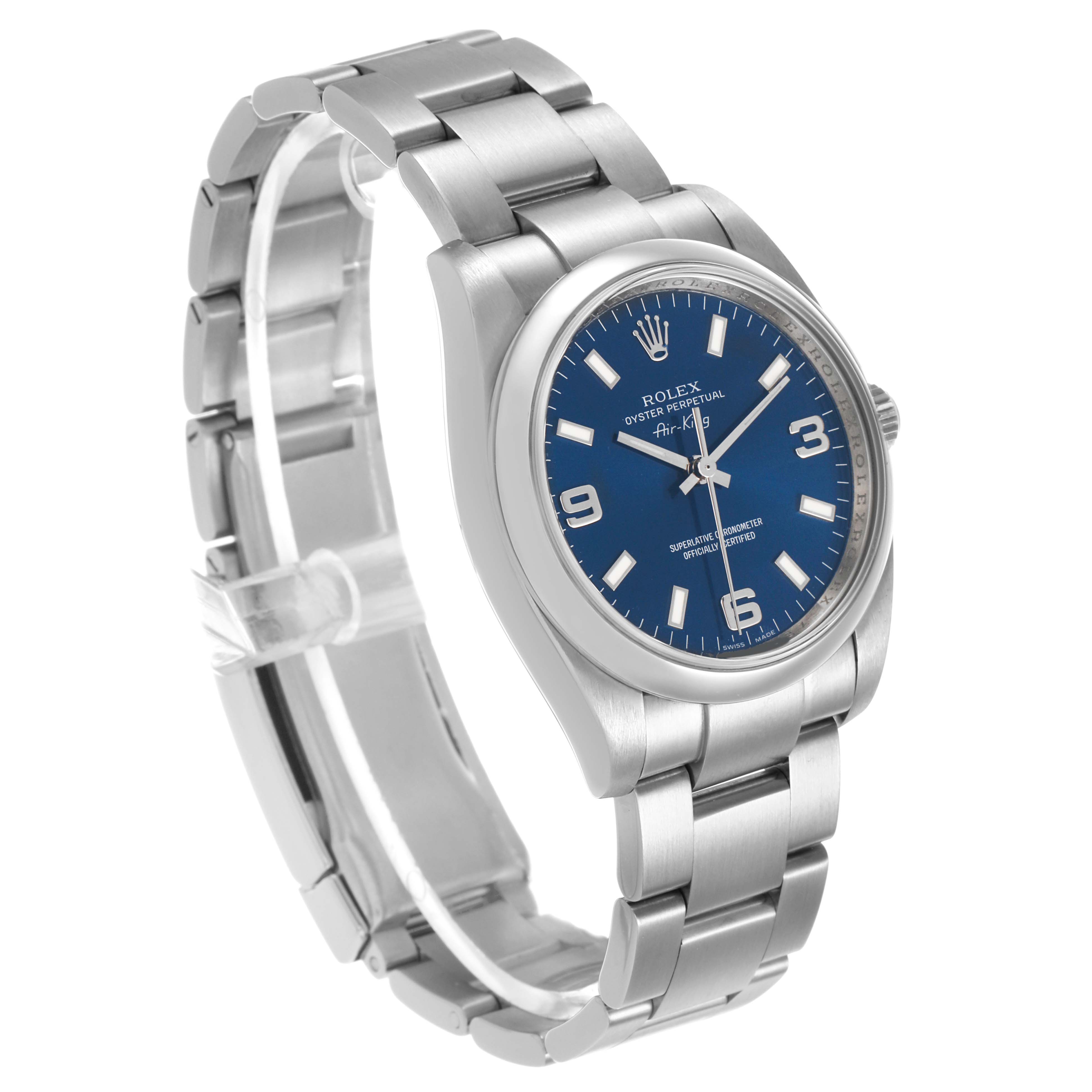 The Rolex Air-King 114200 Men's Stainless Steel Blue Dial watch is shown at a three-quarter angle, highlighting the dial, bezel, case, and bracelet.