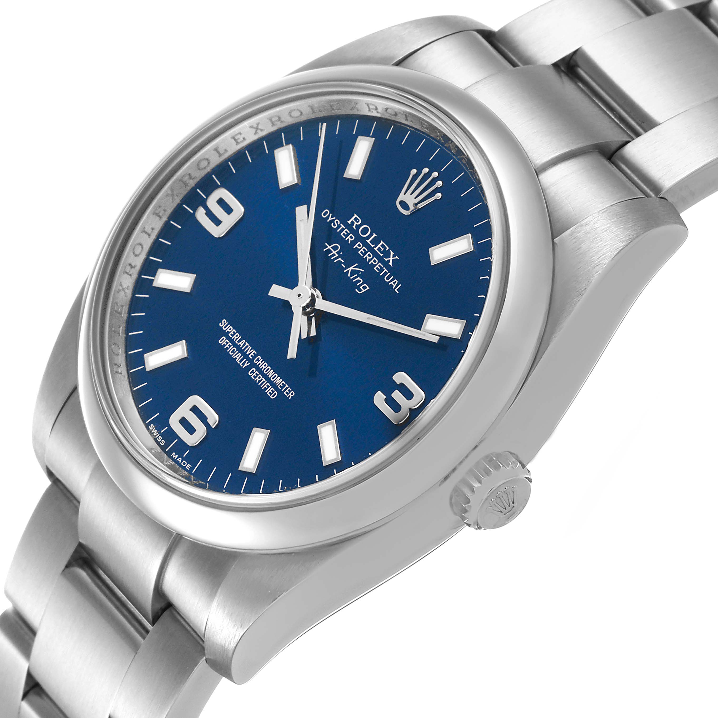 The Rolex Air-King 114200 Men's Stainless Steel Blue Dial watch is shown from a front angled view, highlighting its blue dial, numerals, and bracelet.