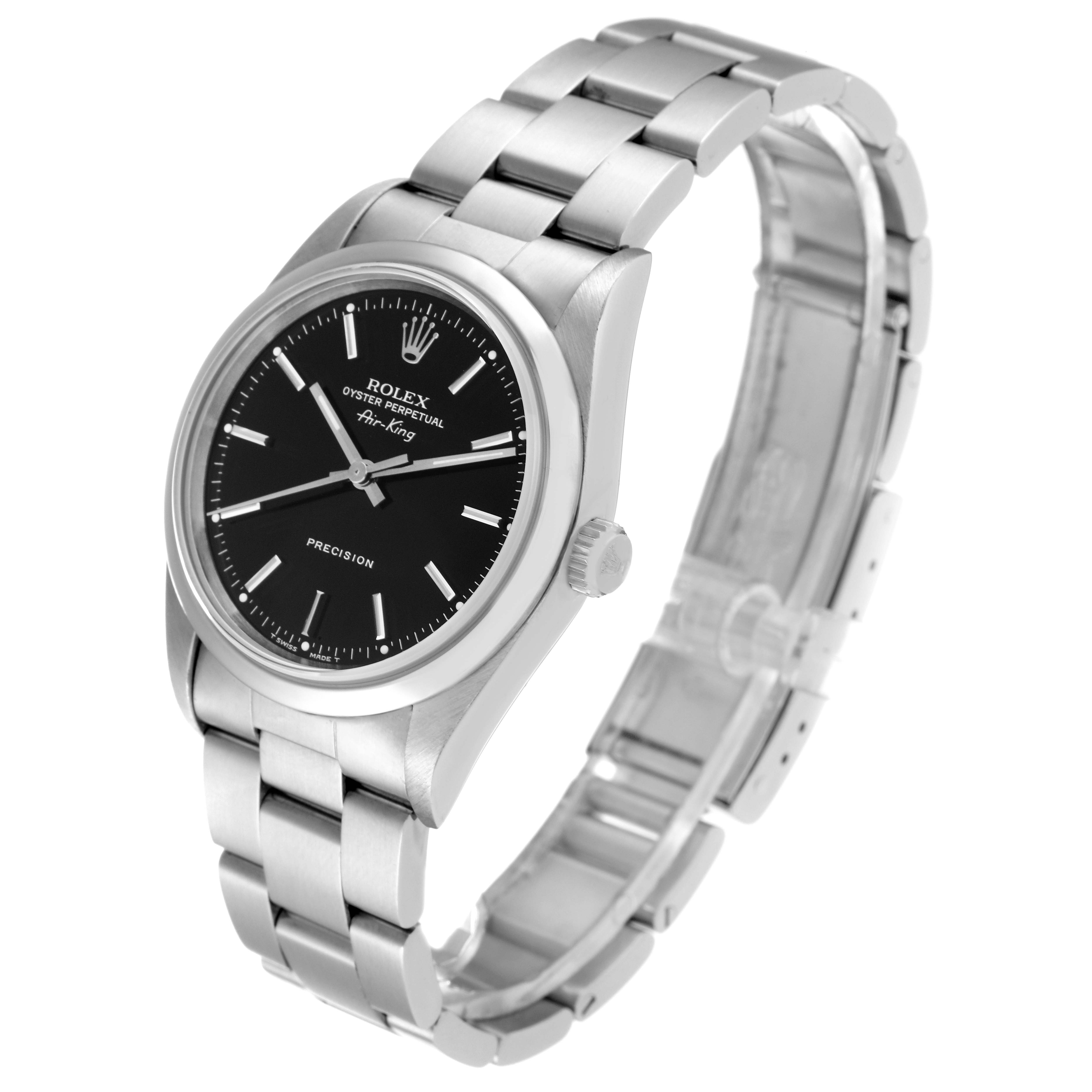The image shows a Rolex Air-King 14000 Men's Stainless Steel Black Dial 14000 Men's Stainless Steel Black Dial watch angled to display the face, bracelet, and clasp in stainless steel.