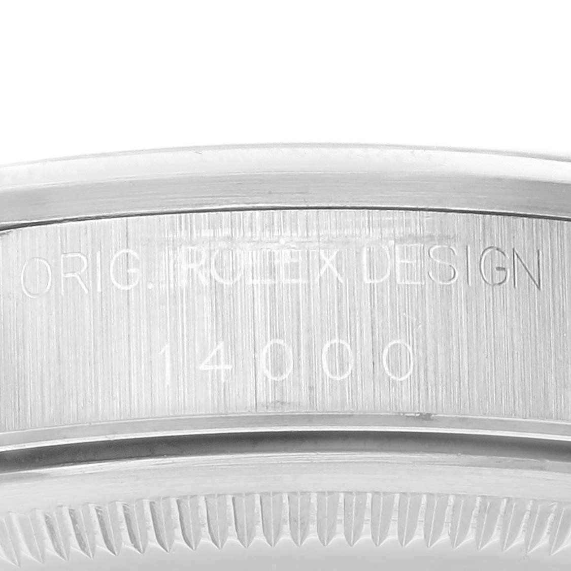 The image shows a close-up of the bezel and case side of the Rolex Air-King 14000 Men's Stainless Steel Black Dial 14000 Men's Stainless Steel Black Dial watch, featuring engraved text "ORIG. ROLEX DESIGN 14000".
