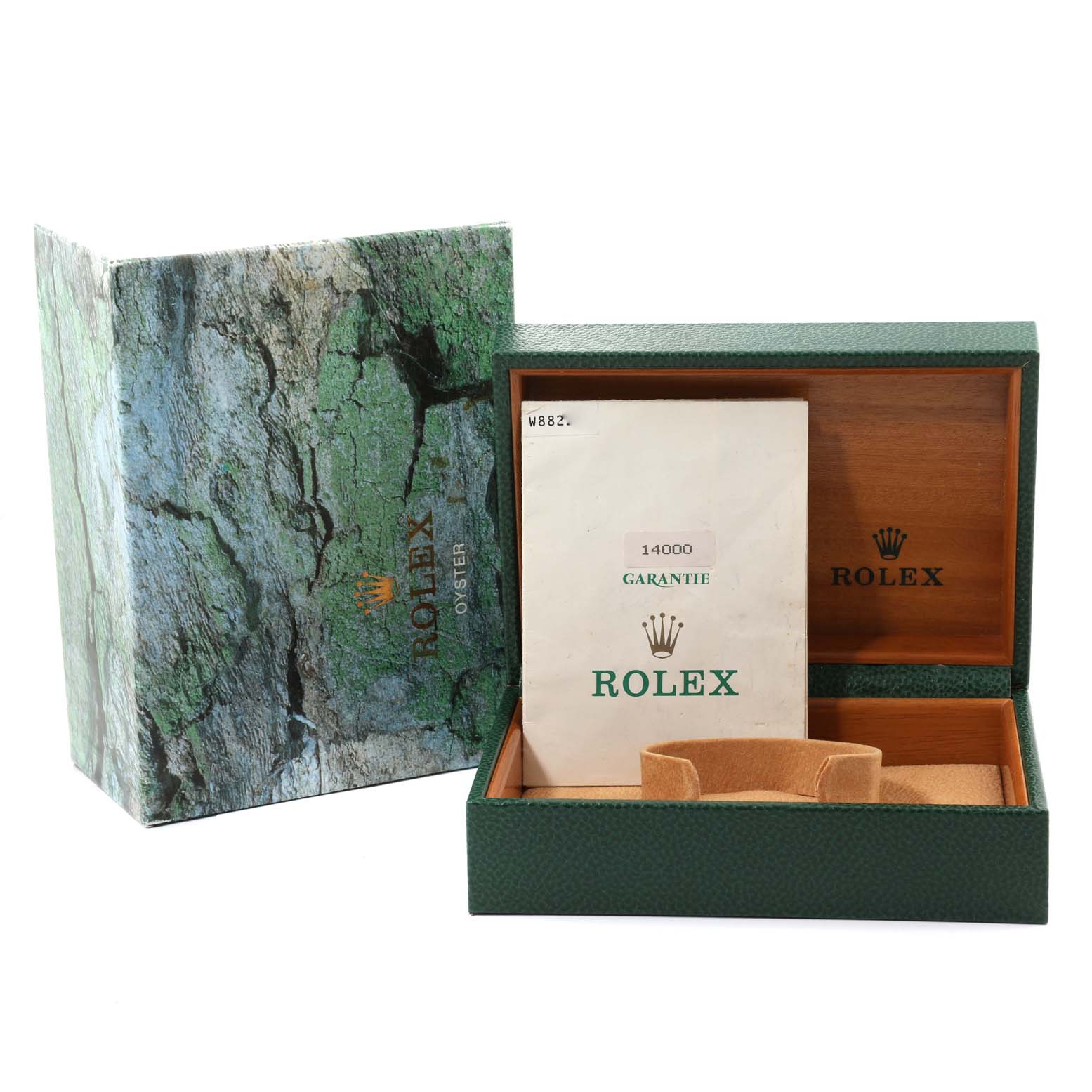 The image shows the packaging, an empty watch box, and a warranty booklet for the Rolex Air-King 14000 Men's Stainless Steel Black Dial 14000 Men's Stainless Steel Black Dial model.