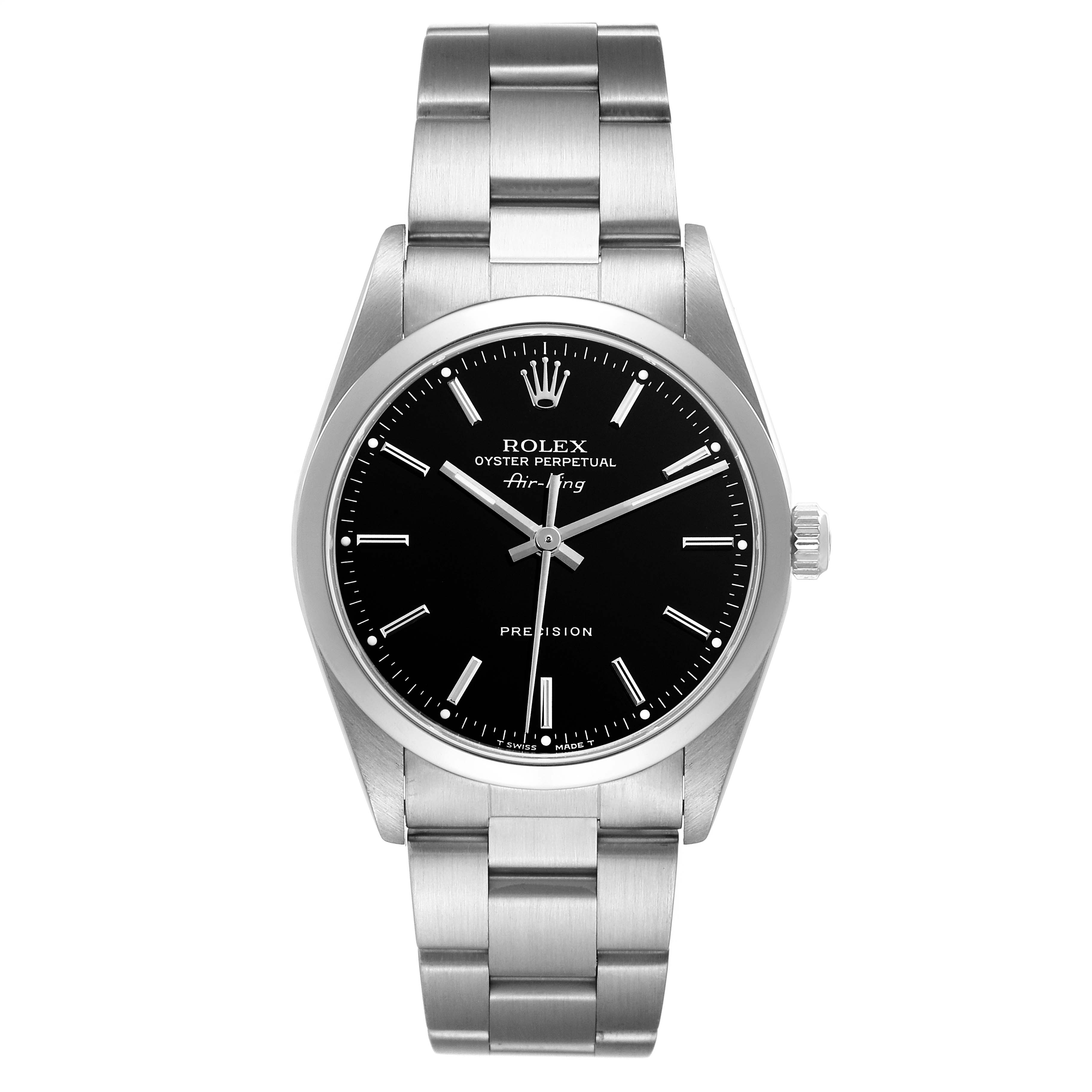 The image shows a front view of a Rolex Air-King 14000 Men's Stainless Steel Black Dial 14000 Men's Stainless Steel Black Dial watch, displaying its black dial, silver hands, and brushed metal bracelet.