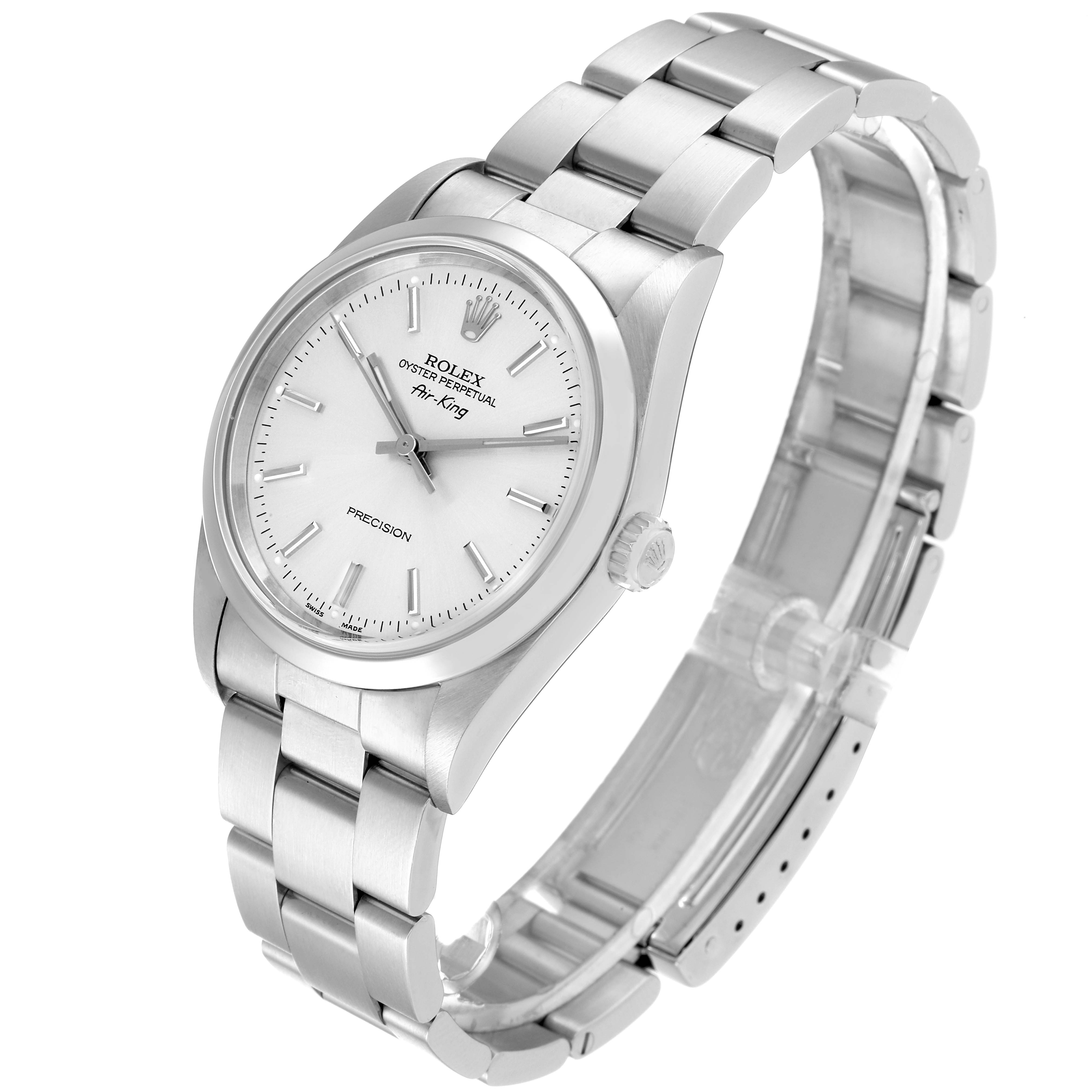 The Rolex Air-King 14000 Men's Stainless Steel Silver Dial 14000 Men's Stainless Steel Silver Dial watch is shown at a three-quarter view displaying the face, crown, and bracelet.