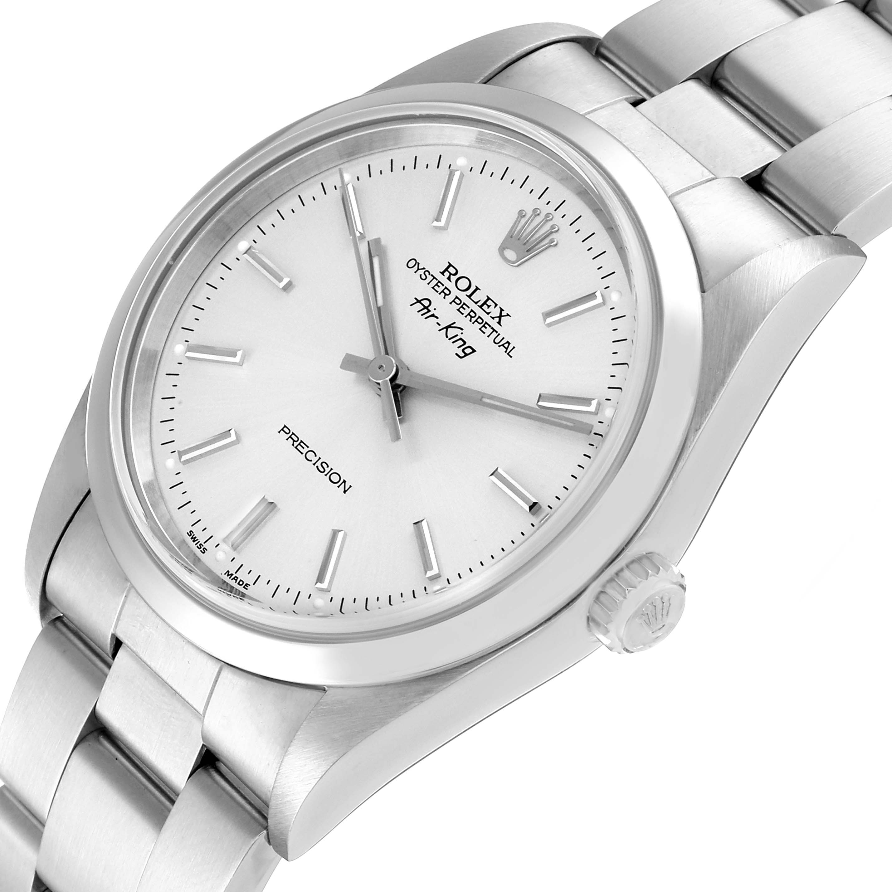 The image shows a close-up angle of the Rolex Air-King 14000 Men's Stainless Steel Silver Dial 14000 Men's Stainless Steel Silver Dial watch, focusing on the face, crown, and bracelet.