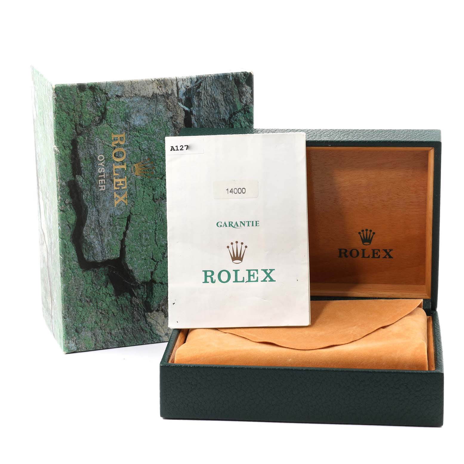 This image shows the box, guarantee paperwork, and packaging for a Rolex Air-King 14000 Men's Stainless Steel Silver Dial 14000 Men's Stainless Steel Silver Dial watch.
