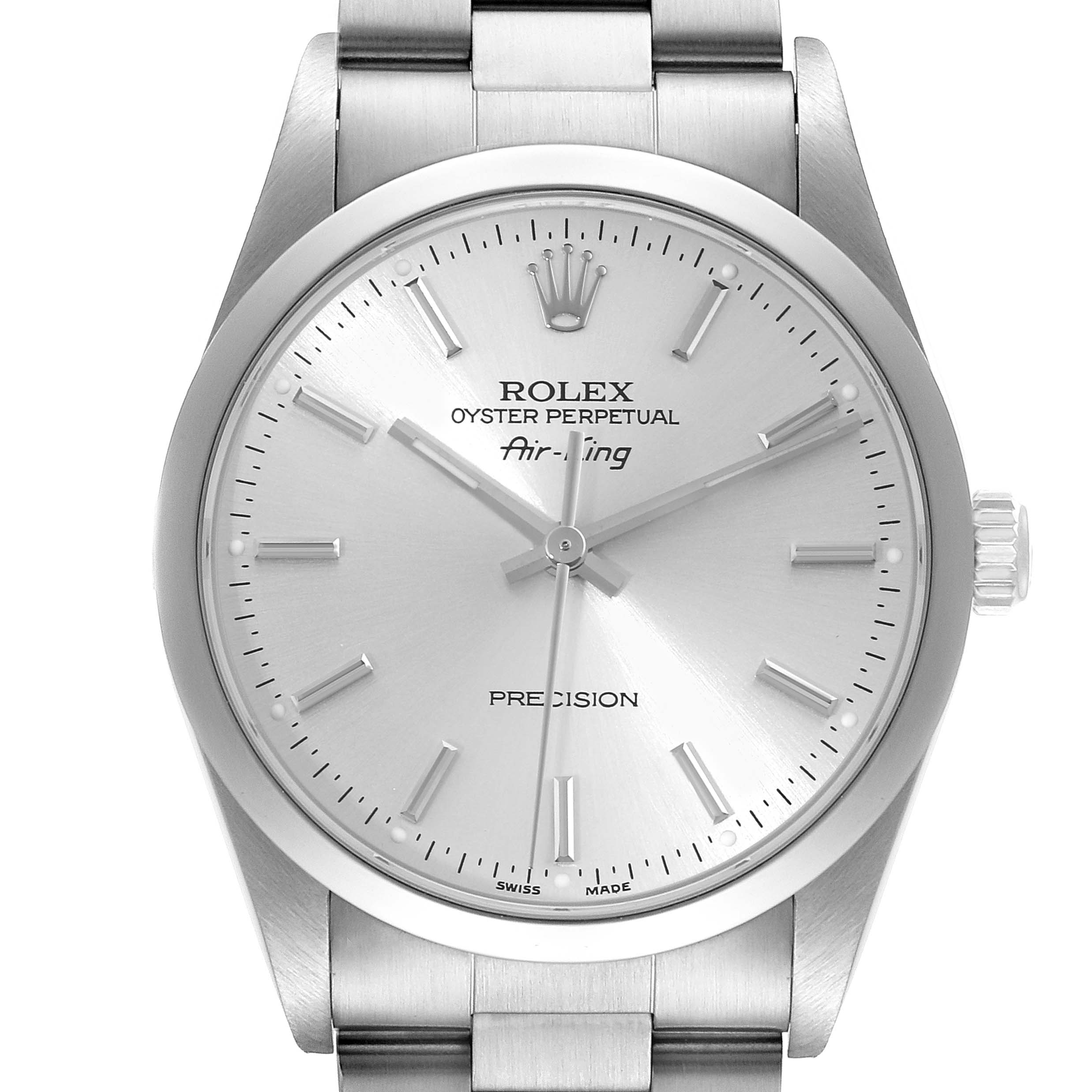 This is a front view of the Rolex Air-King 14000 Men's Stainless Steel Silver Dial 14000 Men's Stainless Steel Silver Dial watch, showcasing the dial, hands, crown, and part of the bracelet.