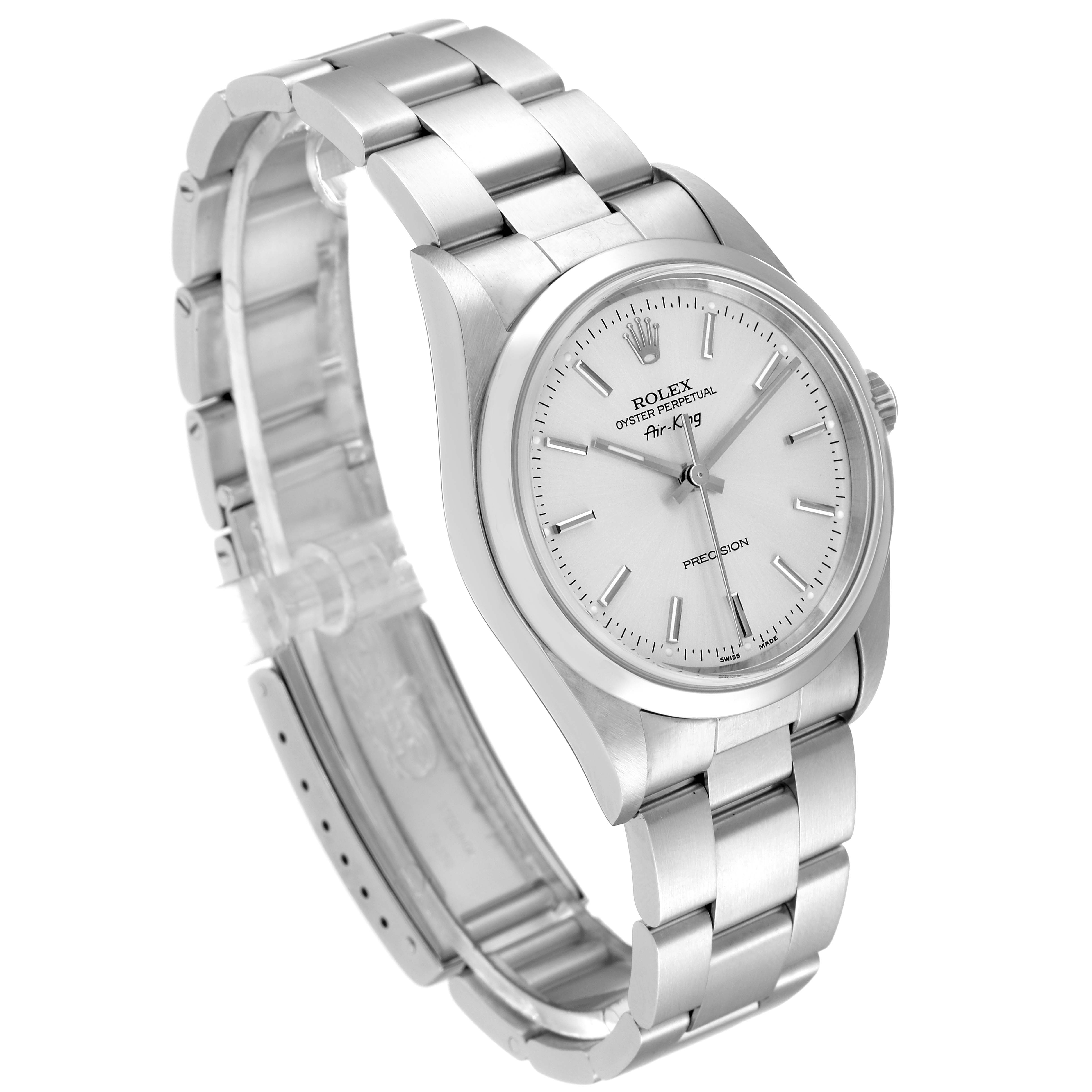 The Rolex Air-King 14000 Men's Stainless Steel Silver Dial 14000 Men's Stainless Steel Silver Dial watch is shown at an angled side view, displaying its silver bracelet, case, and white dial.