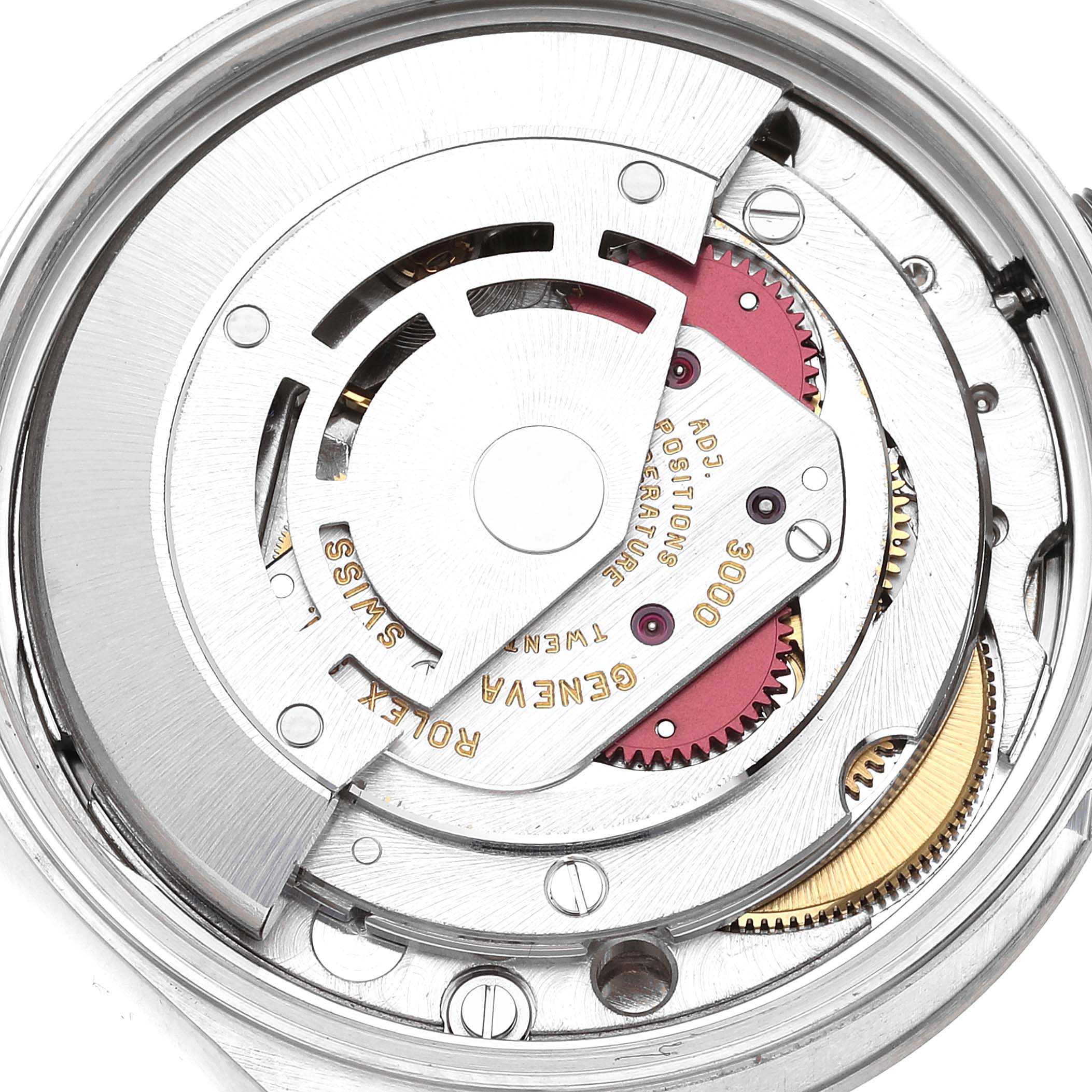 This image shows a close-up of the Rolex Air-King 14000 Men's Stainless Steel Silver Dial 14000 Men's Stainless Steel Silver Dial's internal movement mechanism.