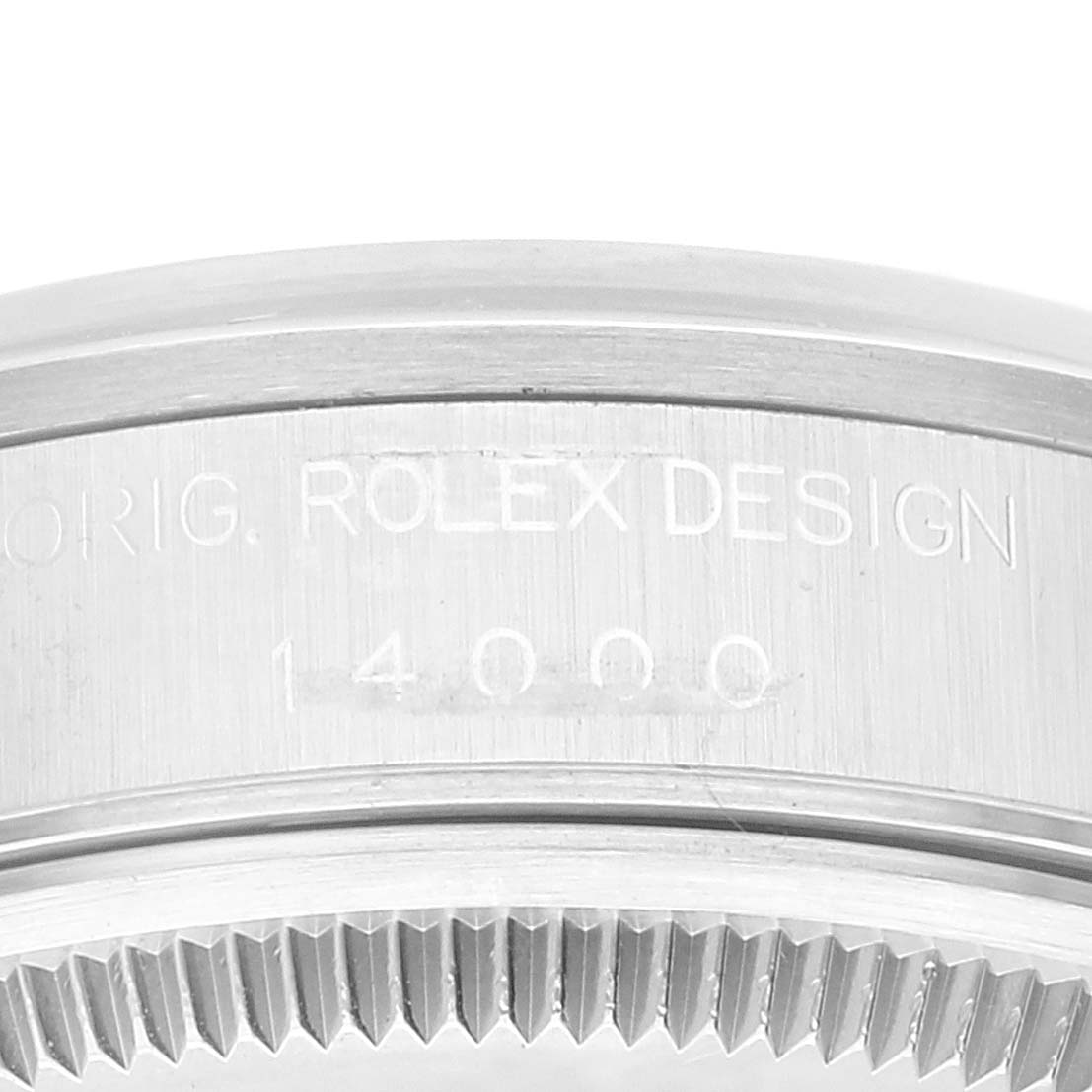 The image shows a close-up view of the case side of a Rolex Air-King 14000 Men's Stainless Steel Silver Dial 14000 Men's Stainless Steel Silver Dial, highlighting the engraved text and bezel edges.