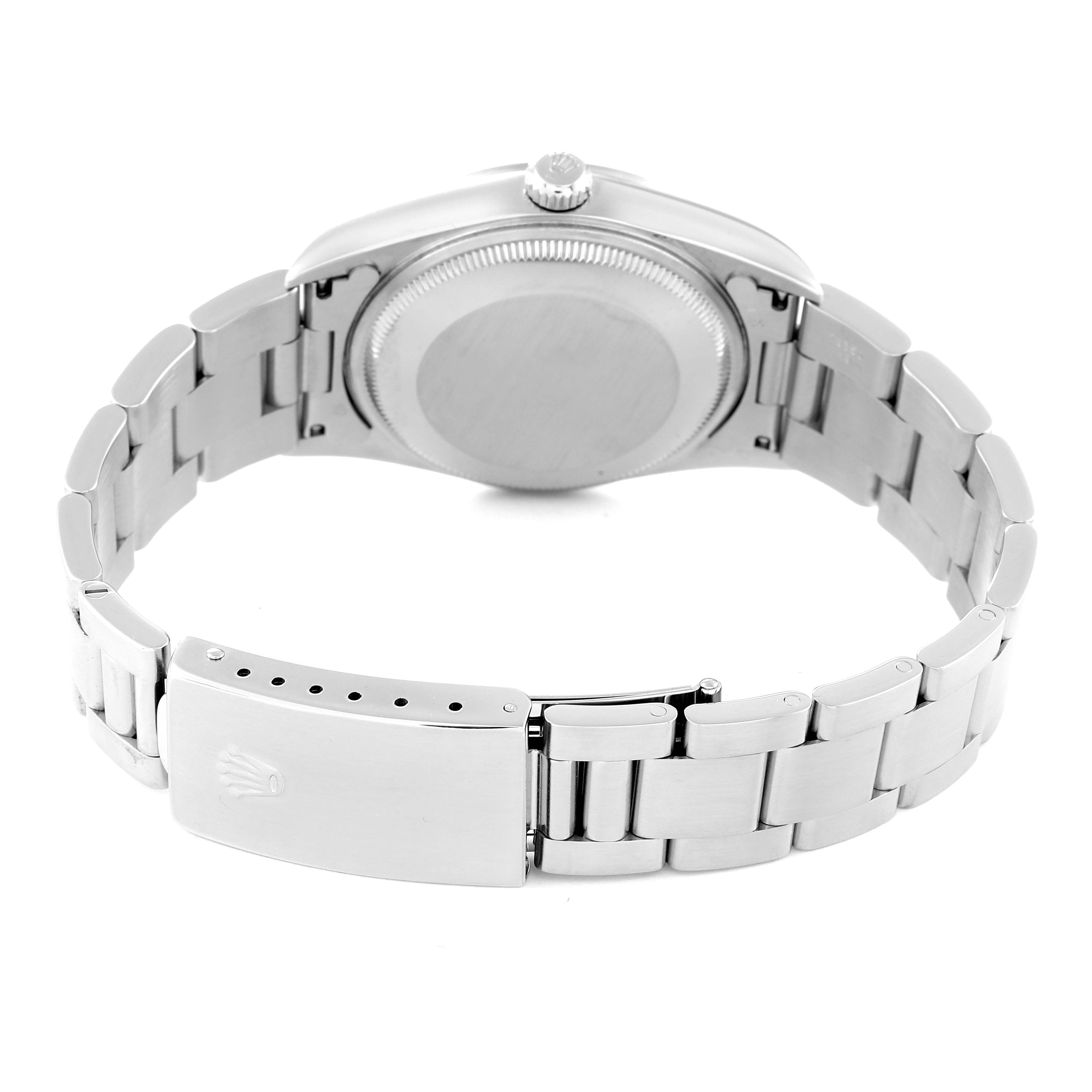 The Rolex Air-King 14000 Men's Stainless Steel Silver Dial 14000 Men's Stainless Steel Silver Dial watch is shown from the back, highlighting the case back, crown, and metal bracelet with clasp.