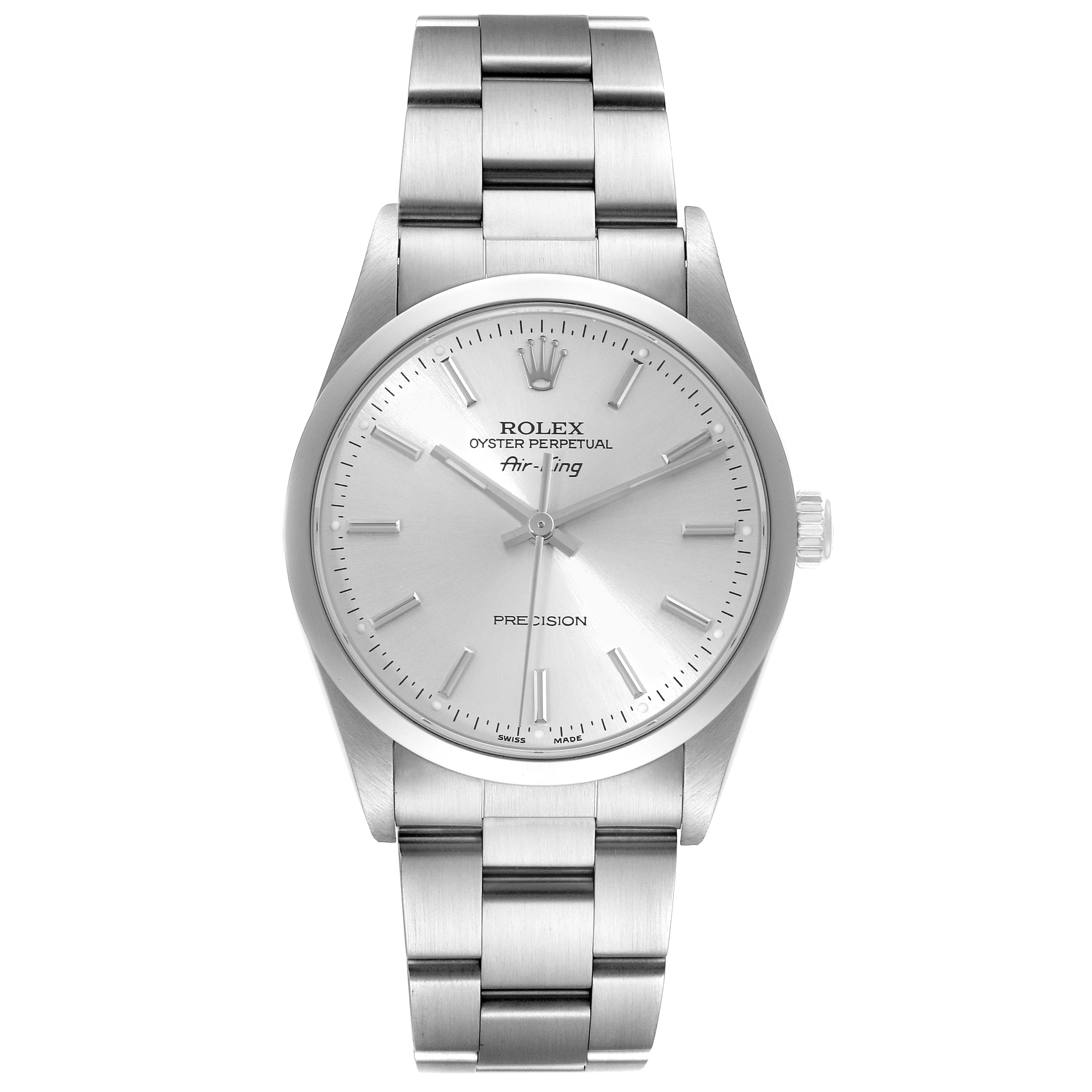 The image shows a front view of a Rolex Air-King 14000 Men's Stainless Steel Silver Dial 14000 Men's Stainless Steel Silver Dial watch, displaying the face, bezel, and bracelet.