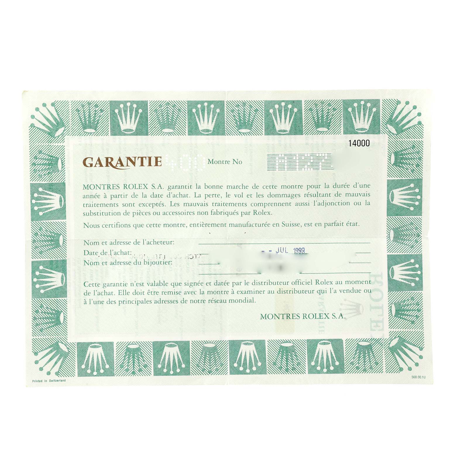 The image shows a warranty certificate for a Rolex Air-King 14000 Men's Stainless Steel Silver Dial 14000 Men's Stainless Steel Silver Dial watch, with text and the Rolex logo printed.