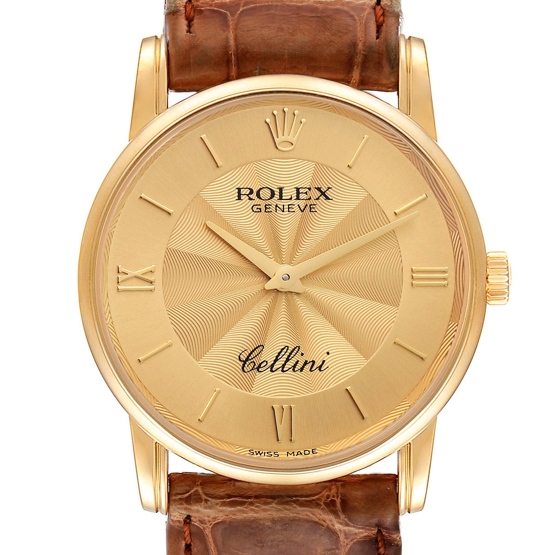 The image shows a front view of a Rolex Cellini 5116 Men's Yellow Gold Champagne Dial 5116 Men's Yellow Gold Champagne Dial watch with a gold dial and brown leather strap.