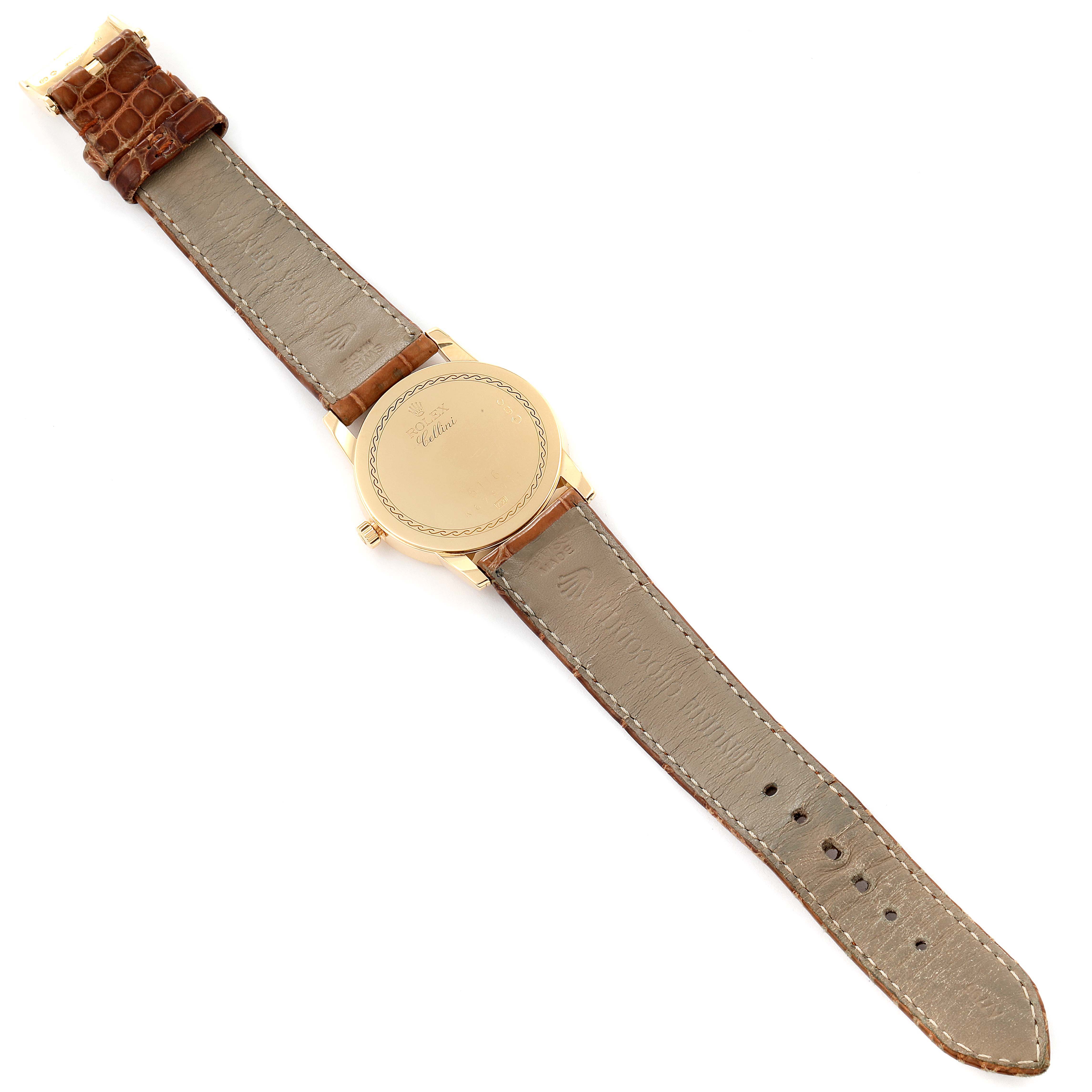 This image shows the back side and full length of a Rolex Cellini 5116 Men's Yellow Gold Champagne Dial 5116 Men's Yellow Gold Champagne Dial watch, highlighting its strap and case back.