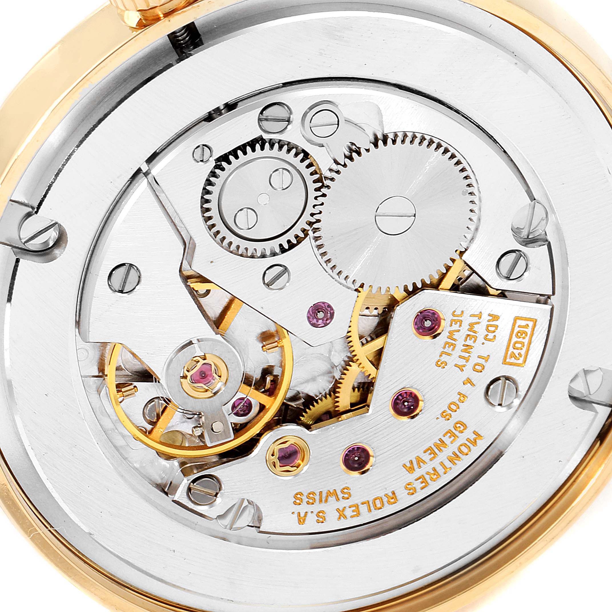 This image shows the back view of the Rolex Cellini 5116 Men's Yellow Gold Champagne Dial 5116 Men's Yellow Gold Champagne Dial model displaying its intricate watch movement.