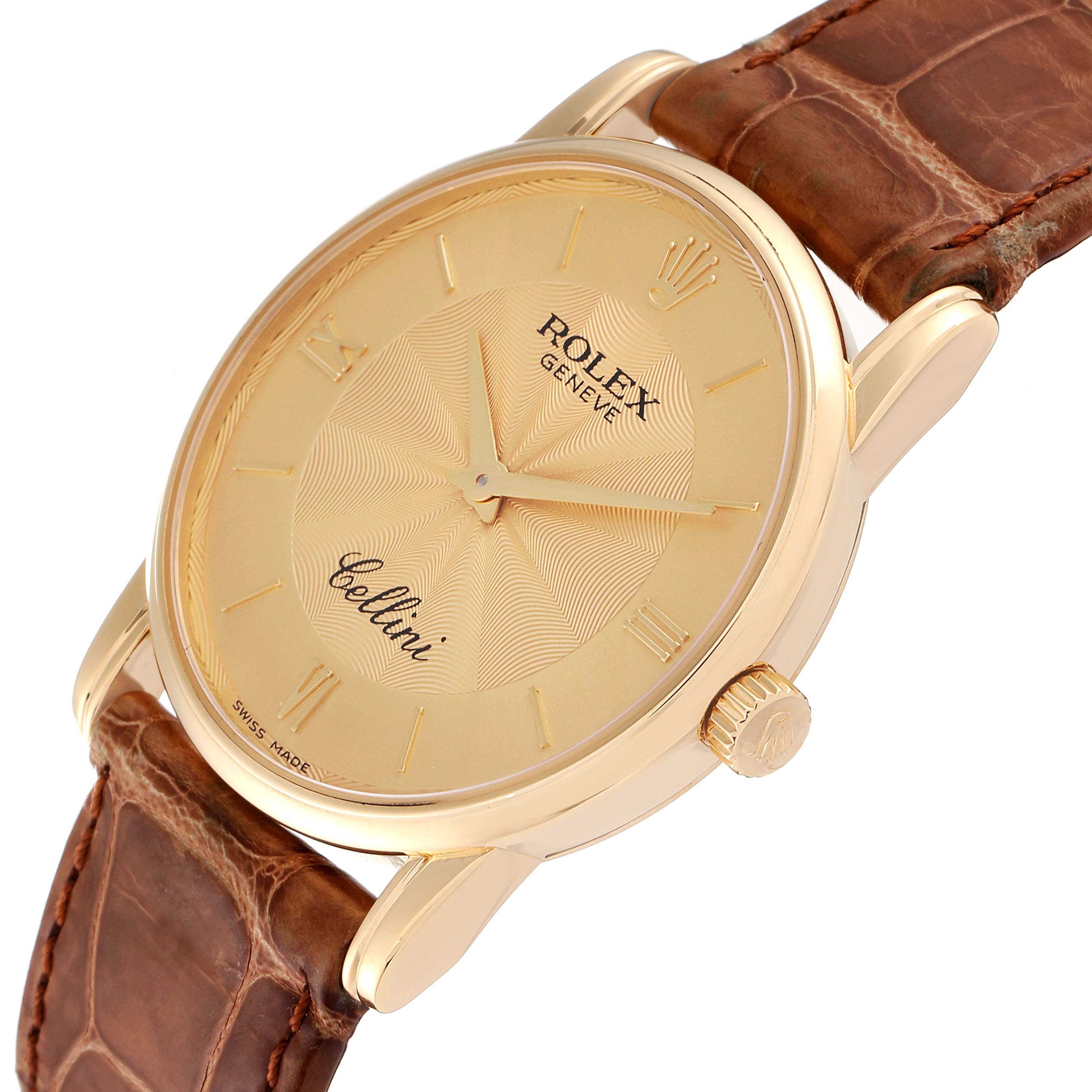 The image shows a Rolex Cellini 5116 Men's Yellow Gold Champagne Dial 5116 Men's Yellow Gold Champagne Dial watch from a side angle, highlighting the dial, crown, and part of the leather strap.
