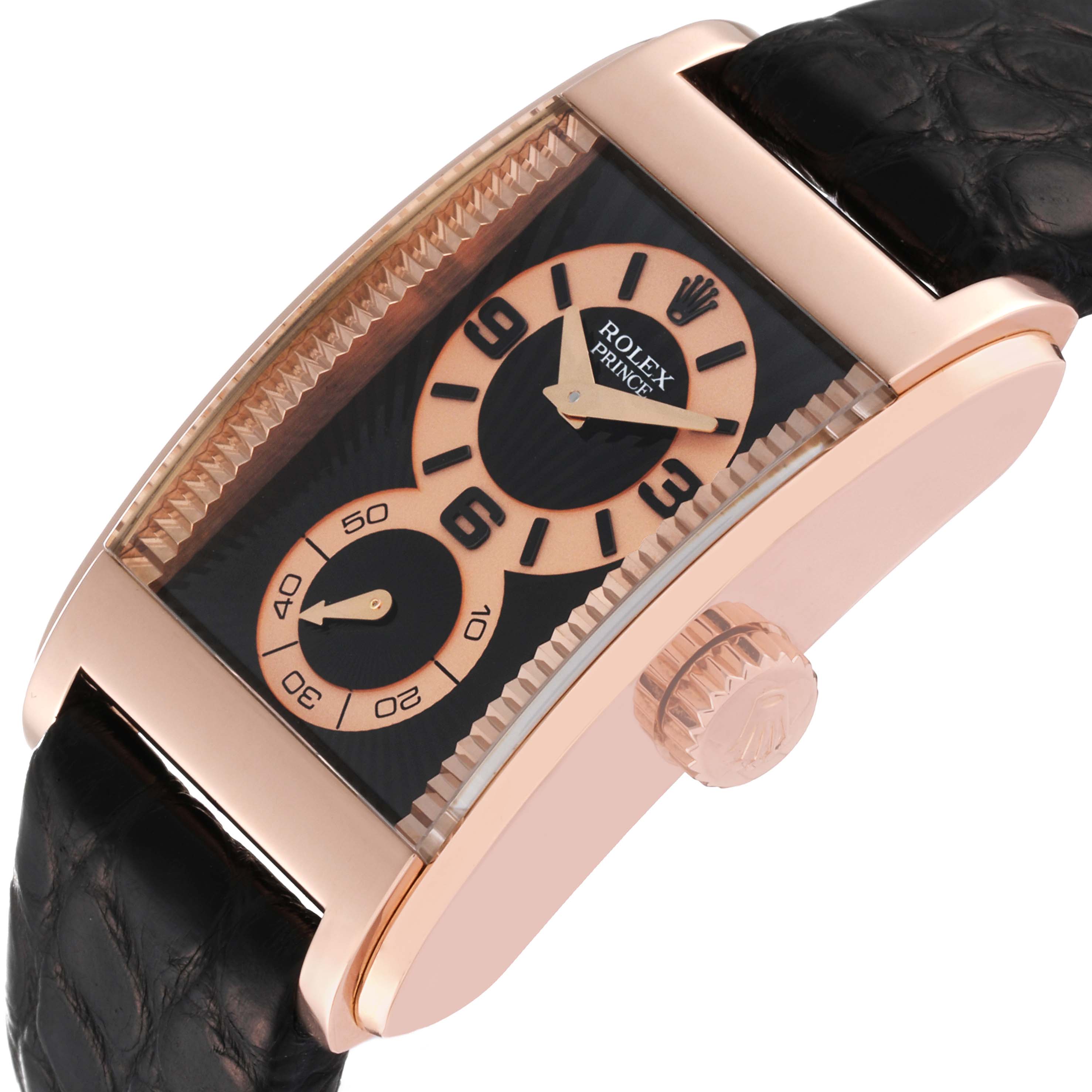 The image shows a Rolex Cellini 5442 Men's Rose Gold Black Dial 5442 Men's Rose Gold Black Dial watch at an angle displaying its face, crown, and part of the leather strap.