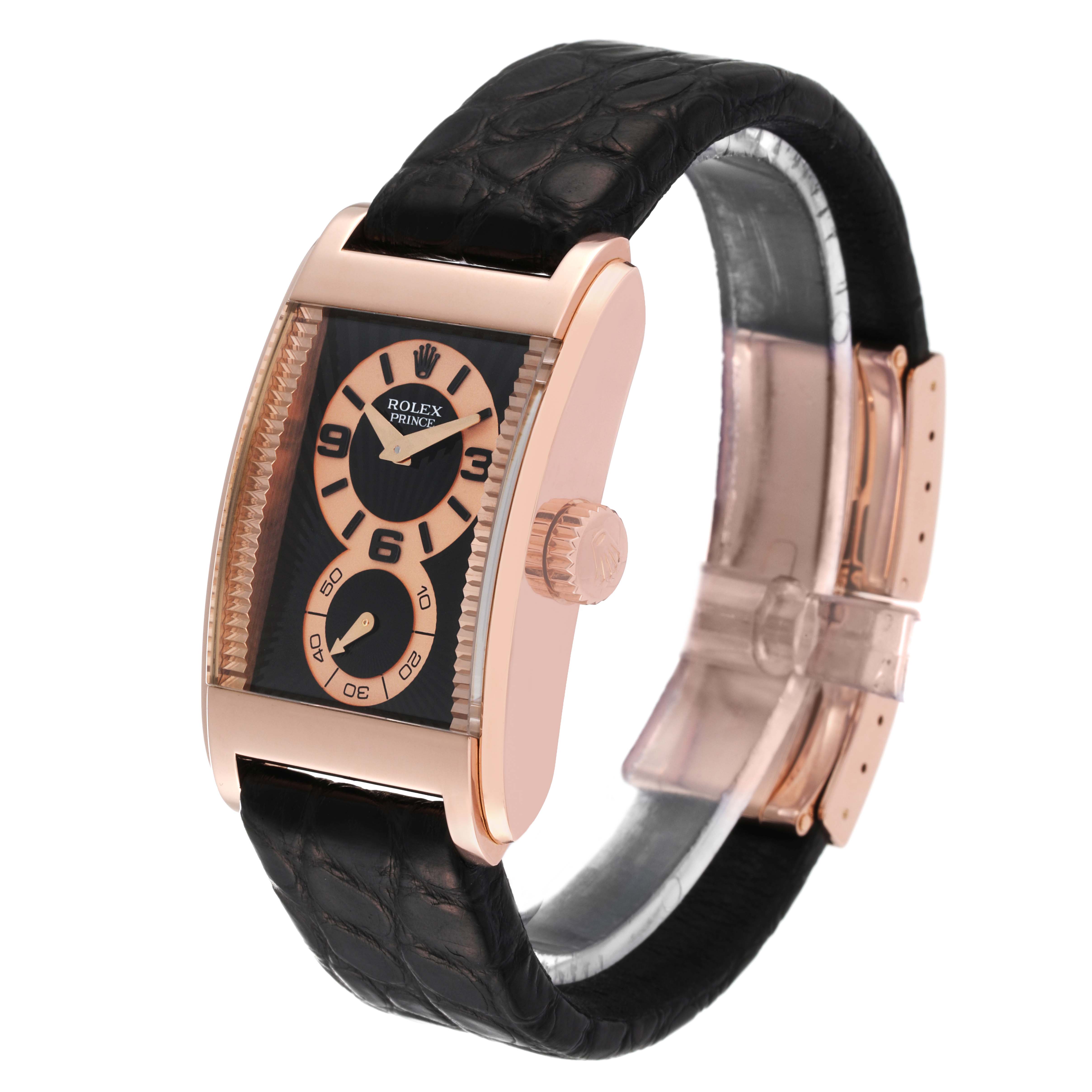 The Rolex Cellini 5442 Men's Rose Gold Black Dial 5442 Men's Rose Gold Black Dial watch is shown at a side angle, highlighting its rectangular rose gold case, black leather strap, and crown.