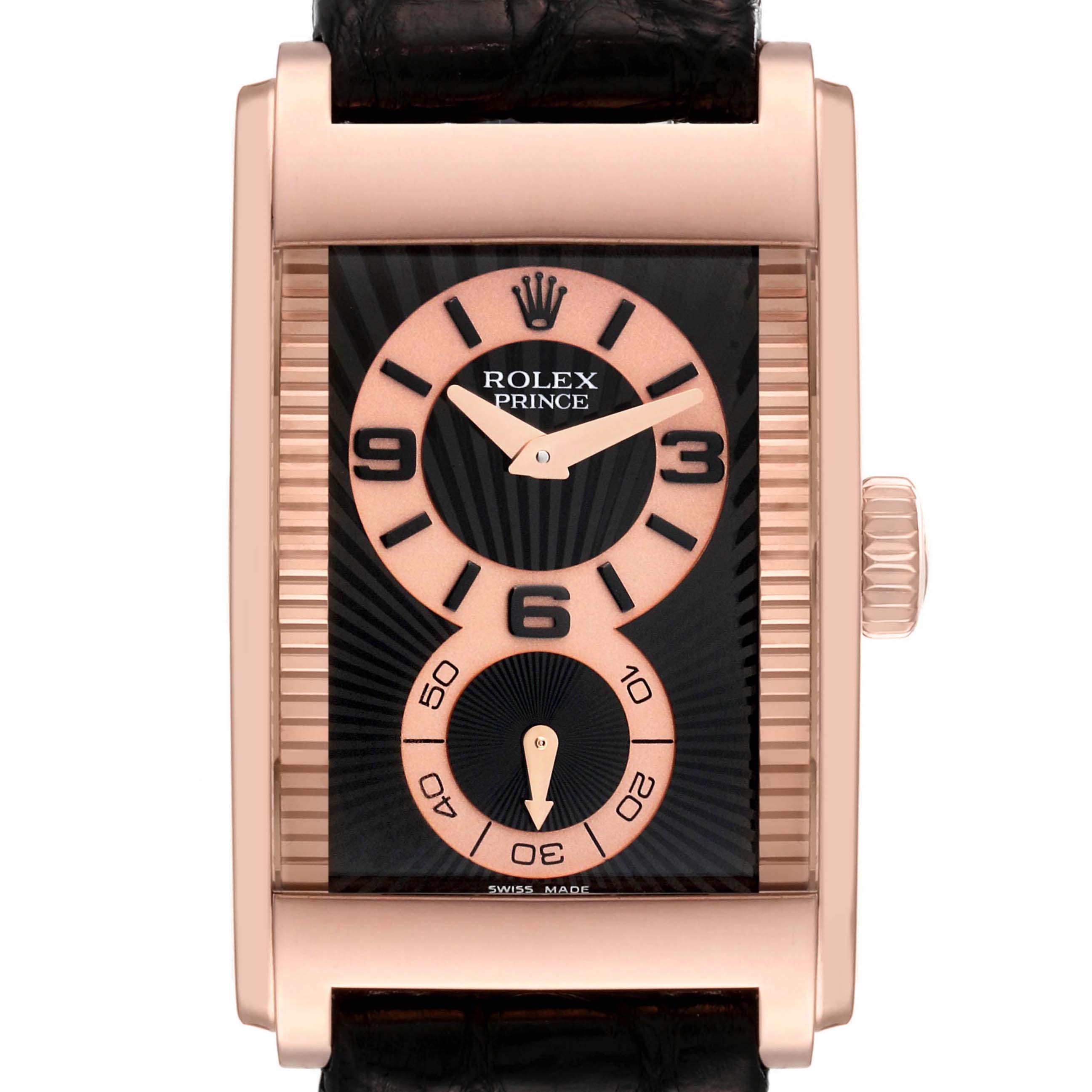 This is a front view of a Rolex Cellini 5442 Men's Rose Gold Black Dial 5442 Men's Rose Gold Black Dial Prince watch showcasing the dial, case, and crown.