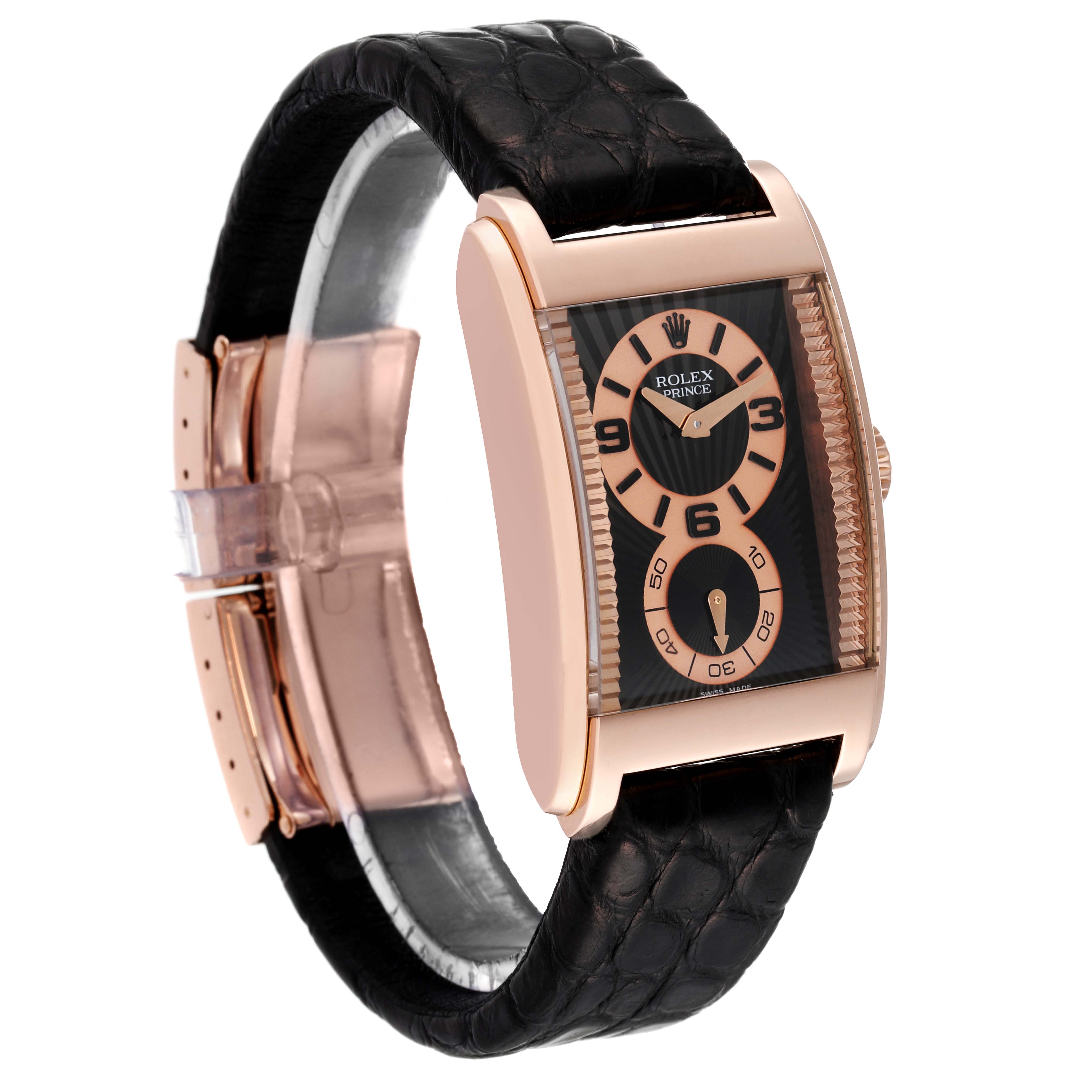 The image shows a Rolex Cellini 5442 Men's Rose Gold Black Dial 5442 Men's Rose Gold Black Dial watch at an angle displaying its face, black dial, rose gold case, and leather strap.