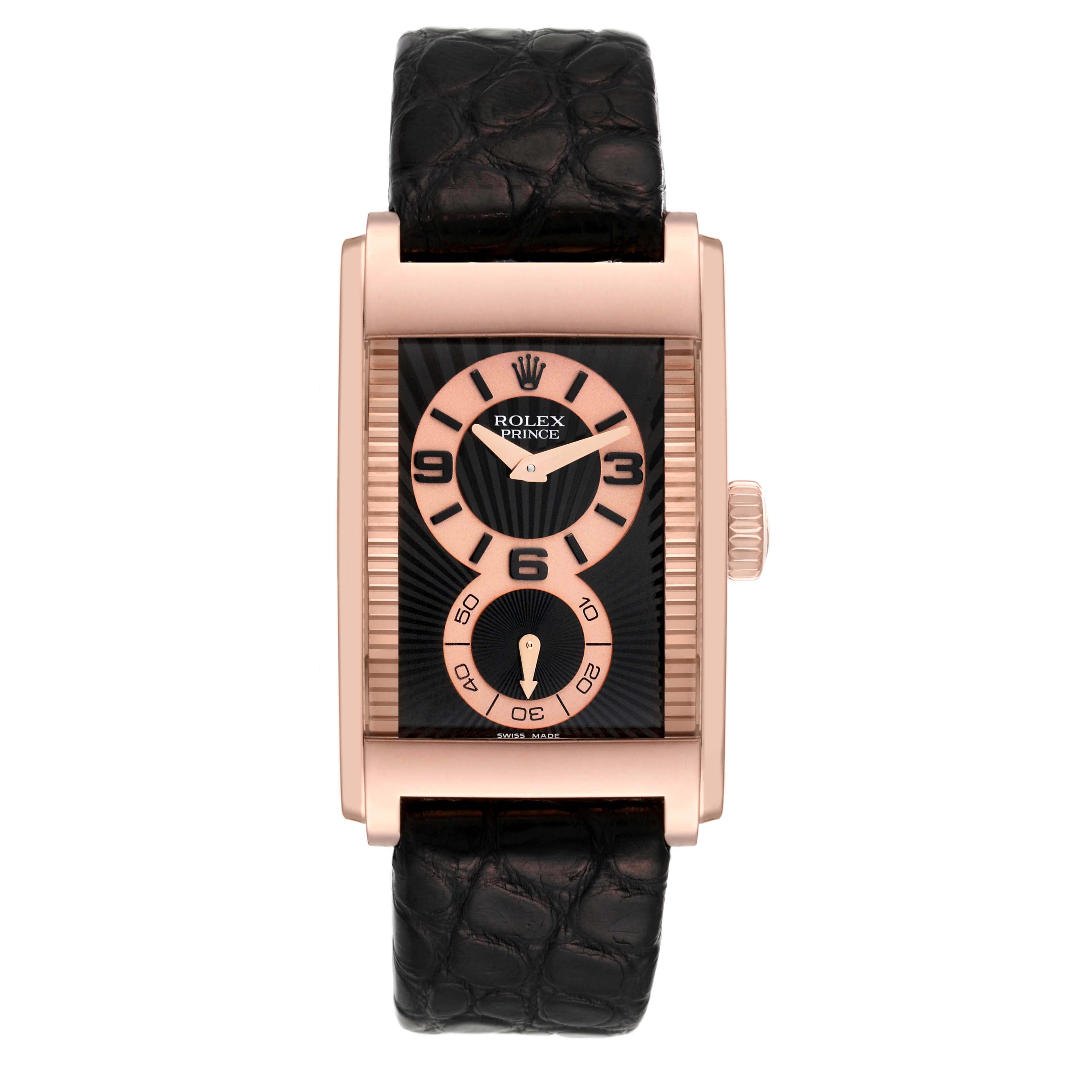 This image shows a front view of the Rolex Cellini 5442 Men's Rose Gold Black Dial 5442 Men's Rose Gold Black Dial Prince watch, featuring a rectangular face and black leather strap.