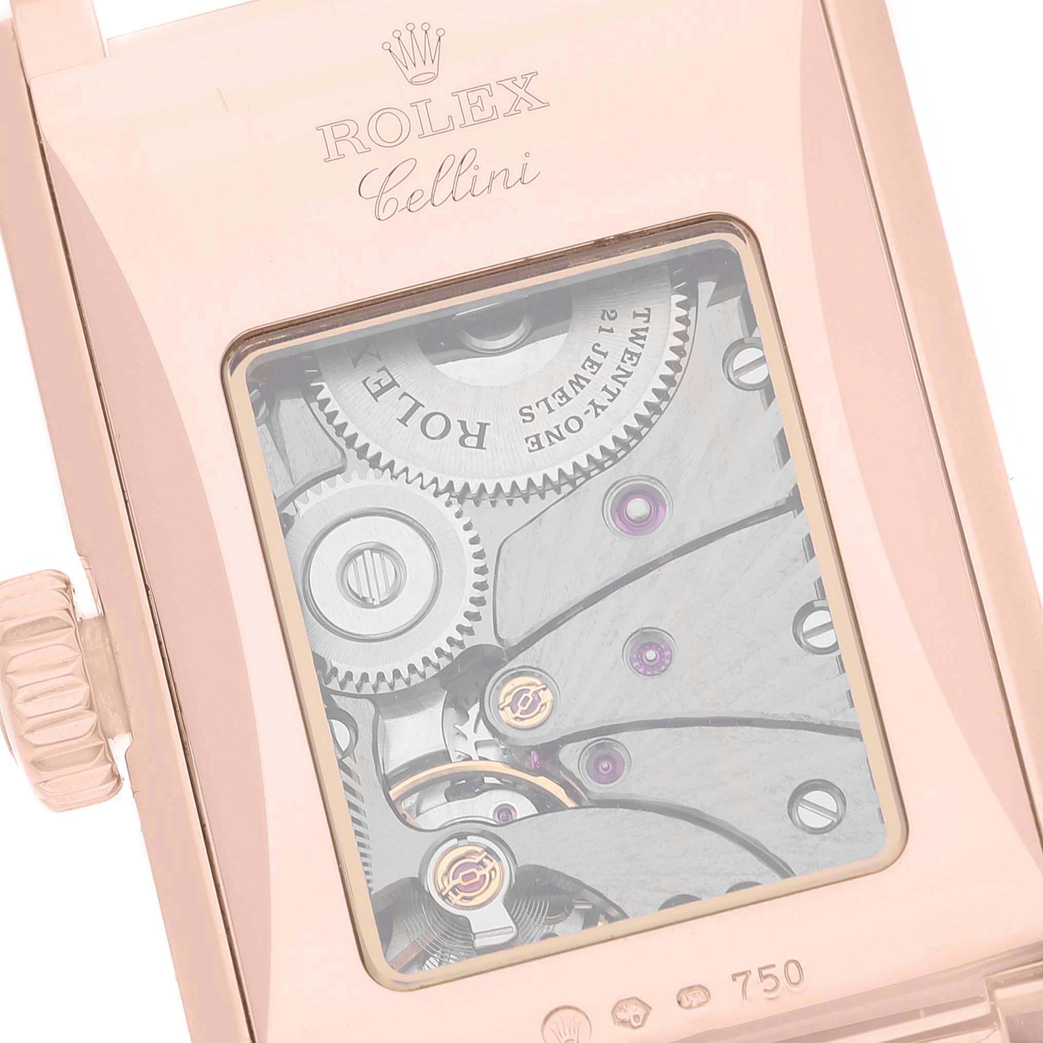 The image shows the back case and intricate movement of a Rolex Cellini 5442 Men's Rose Gold Black Dial 5442 Men's Rose Gold Black Dial watch at a close-up angle.