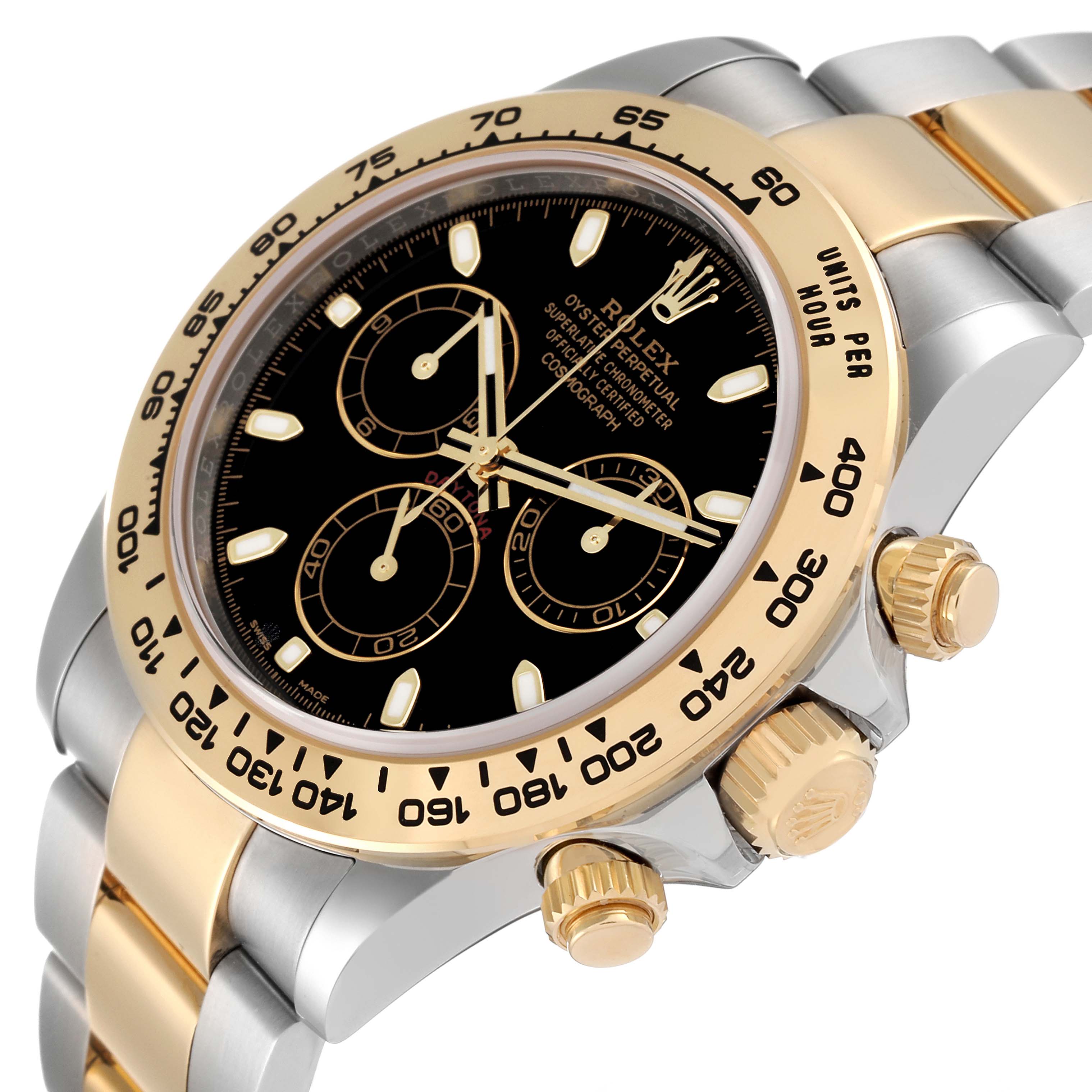 This image shows a Rolex Daytona 116503 Men's Steel and Gold (two tone) Black Dial 116503 Men's Steel and Gold (two tone) Black Dial watch at an angled view, highlighting the dial, bezel, pushers, and two-tone bracelet.