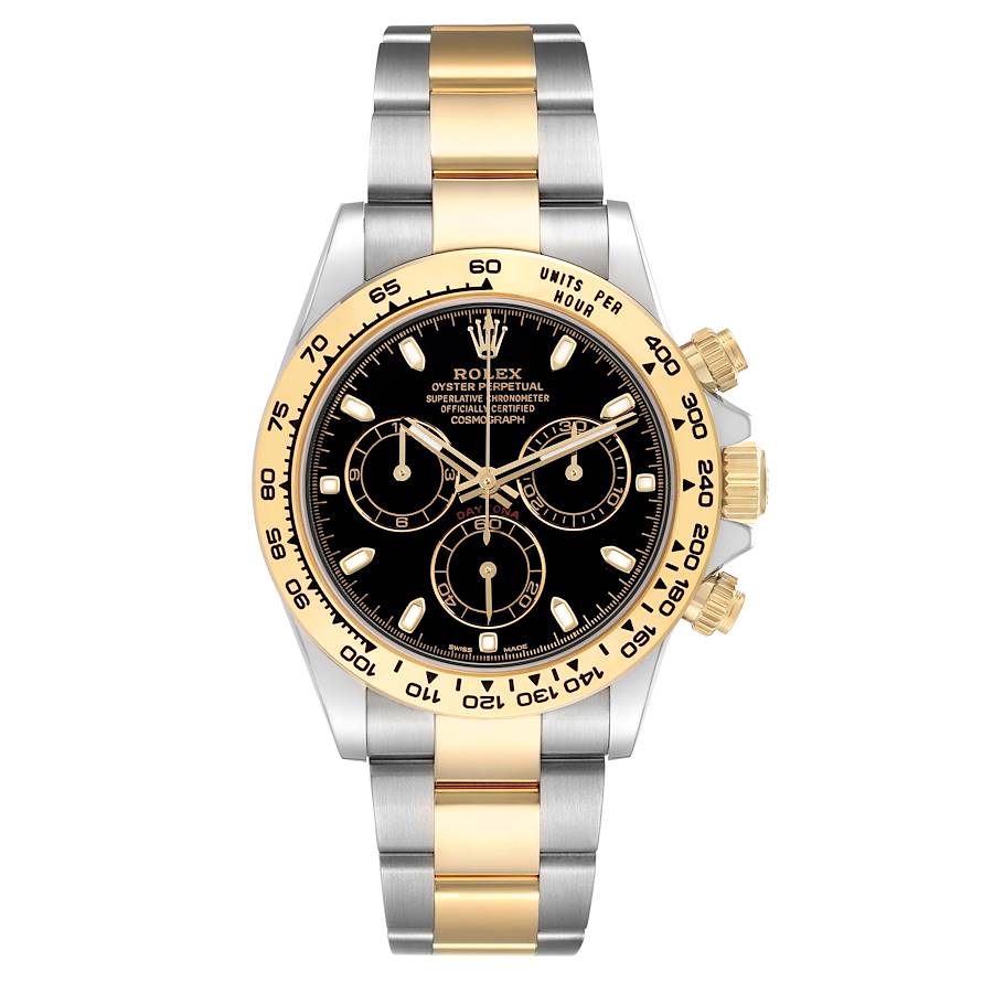 The Rolex Daytona 116503 Men's Steel and Gold (two tone) Black Dial 116503 Men's Steel and Gold (two tone) Black Dial watch is shown from a front angle, displaying the face, bezel, pushers, and two-tone bracelet.
